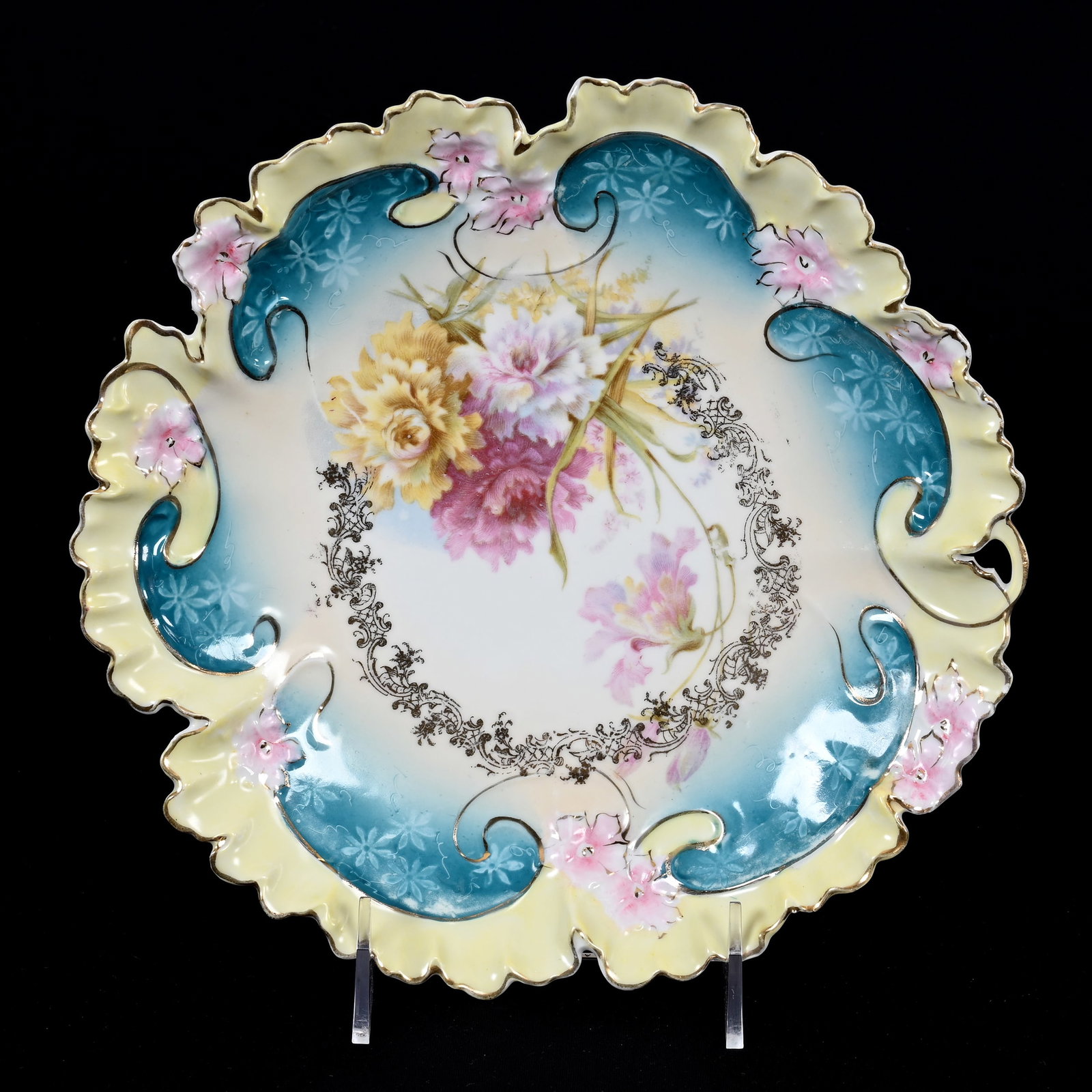 Plate, Unmarked R.S. Prussia: Plate, Unmarked R.S. Prussia, 9.5", White, Cream, Blue And Yellow Tones, Floral Decor, Gold Stencil Highlights, Lee & Carol Marple Collection.