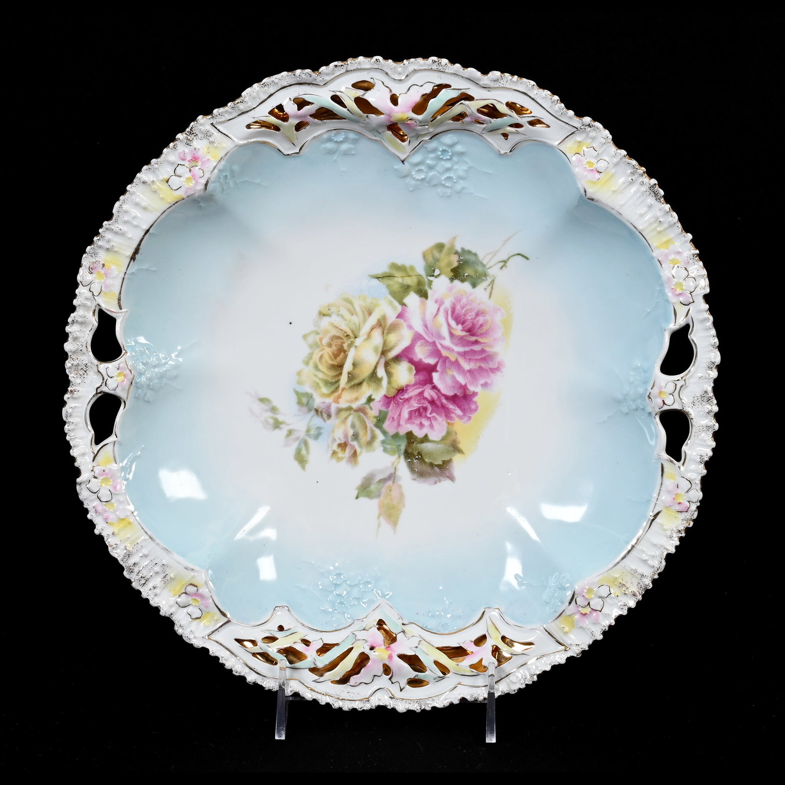 Cake Plate, Unmarked R.S. Prussia: Cake Plate, Unmarked R.S. Prussia, 11.5", Blue And White, Rose Decor, Enclosed Reticulated Border, Lee & Carol Marple Collection.