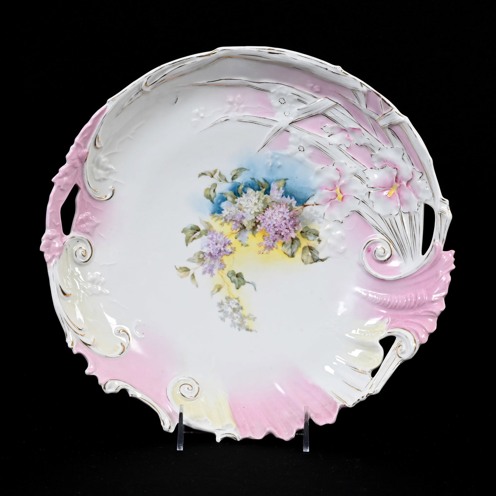 Cake Plate, Unmarked R.S. Prussia: Cake Plate, Unmarked R.S. Prussia, 12", White, Pink And Yellow Tones, Floral Decor, Lee & Carol Marple Collection.