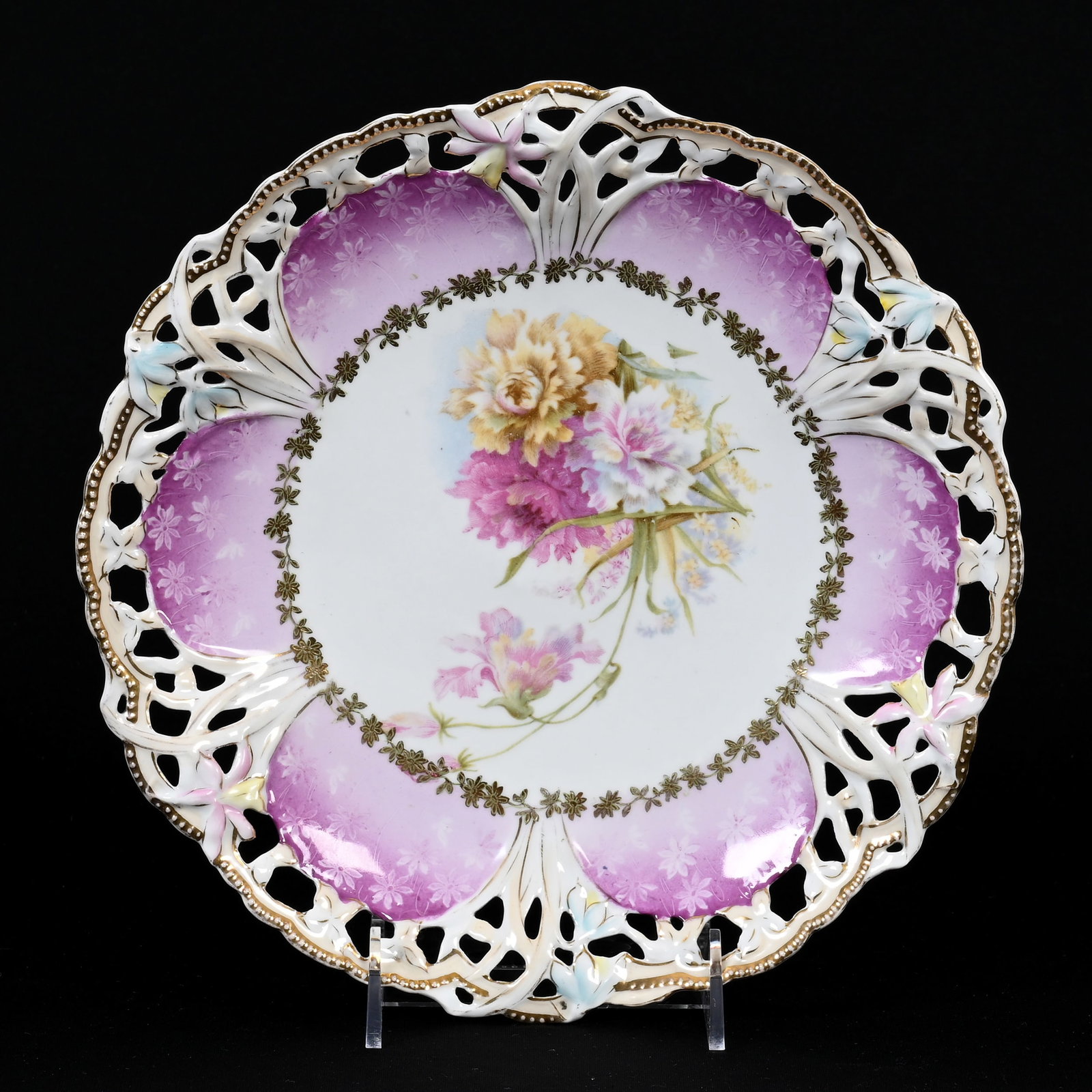 Plate, Unmarked R.S. Prussia: Plate, Unmarked R.S. Prussia, 10.25", White And Lavender, Floral Decor, Reticulated Border, Nice Gold Trim Highlights, Lee & Carol Marple Collection.