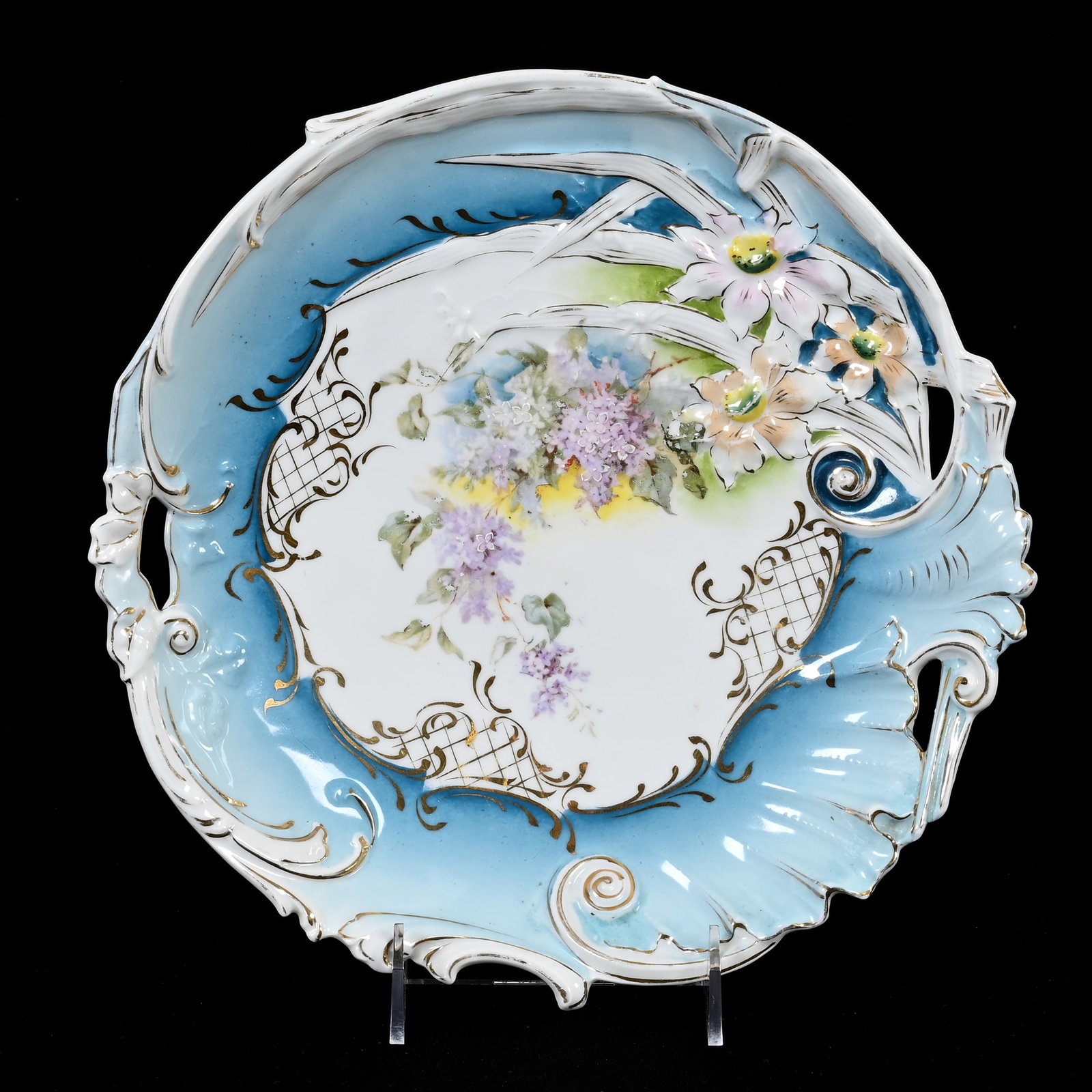 Cake Plate, Unmarked R.S. Prussia: Cake Plate, Unmarked R.S. Prussia, 11", Blue, White And Green Tones, Floral Decor, Nice Gold Stencil Highlights, Small Rim Chip, Lee & Carol Marple Collection.