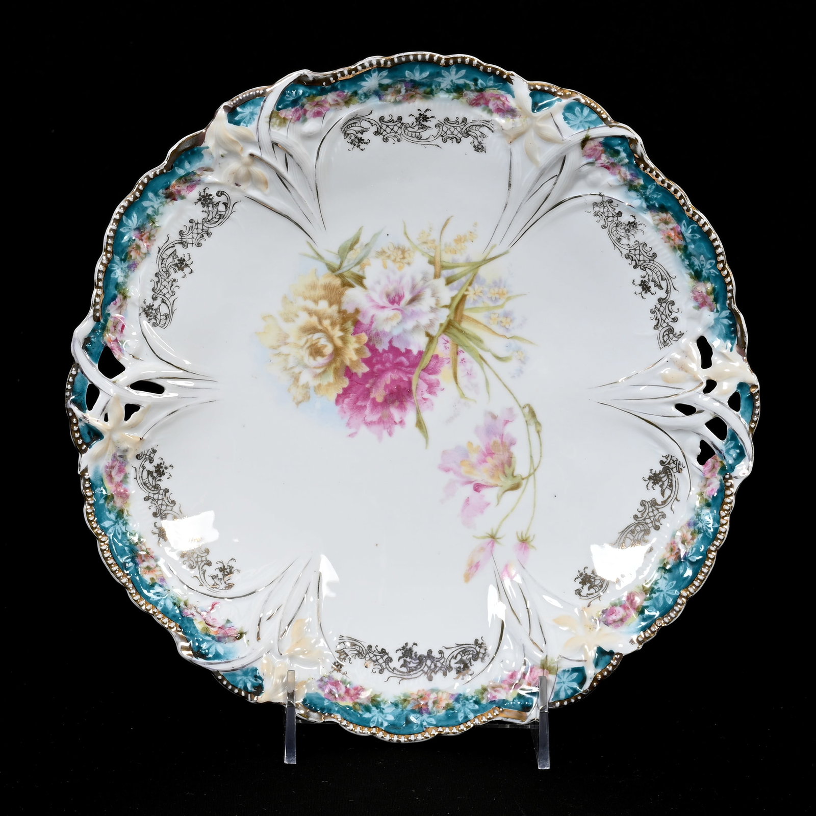 Cake Plate, Unmarked R.S. Prussia: Cake Plate, Unmarked R.S. Prussia, 10", White With Blue Border, Floral Decor, Gold Stencil Highlights, Lee & Carol Marple Collection.