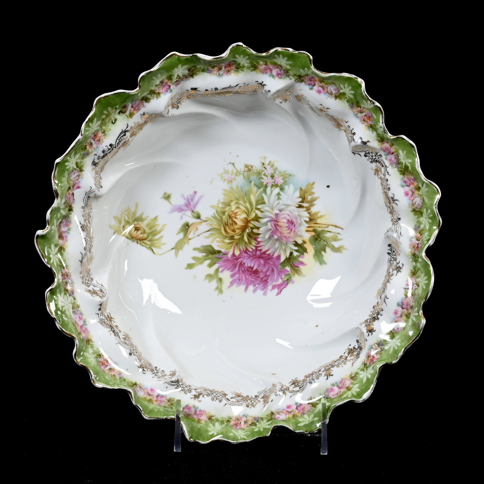 Bowl, Unmarked R.S. Prussia: Bowl, Unmarked R.S. Prussia, 10.25", White With Green Border, Chrysanthemum Decor, Lee & Carol Marple Collection.