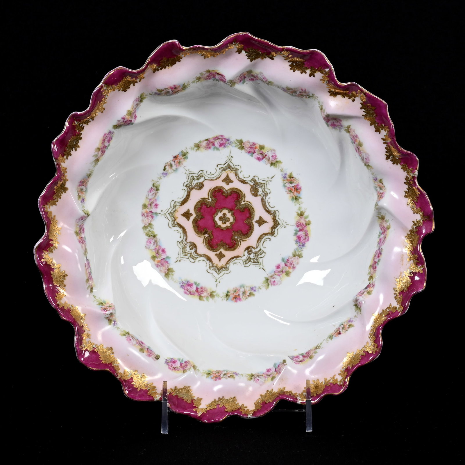 Bowl, Unmarked R.S. Prussia: Bowl, Unmarked R.S. Prussia, 10.25", White With Two-Tone Pink Border, Pink Rose Decor, Gold Trim Highlights, Lee & Carol Marple Collection.