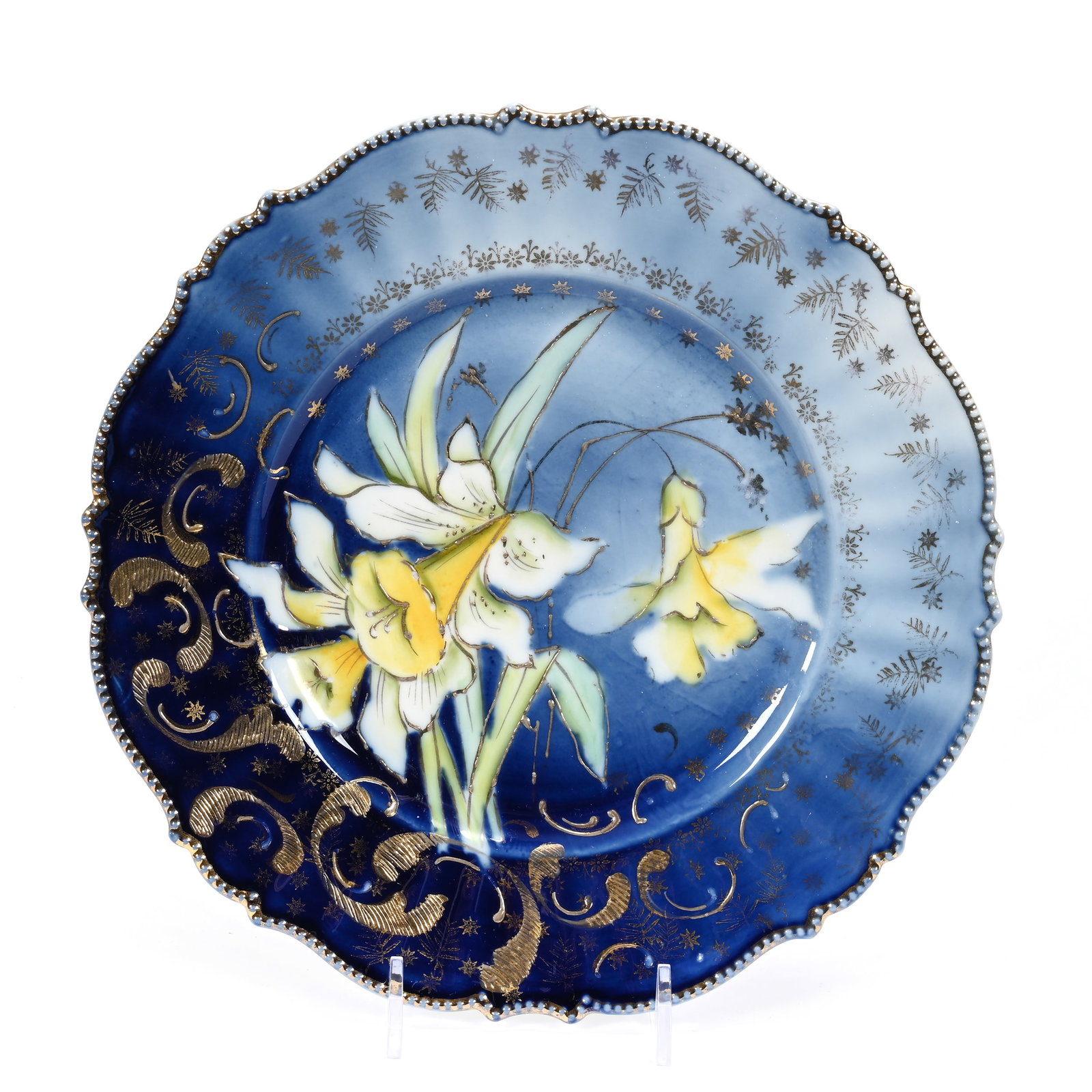 Plate, Unmarked R.S. Prussia: Plate, Unmarked R.S. Prussia, 8.75", Mold #343, Cobalt Blue With Daffodil Decor, Gold Stencil Highlights, Lee & Carol Marple Collection.