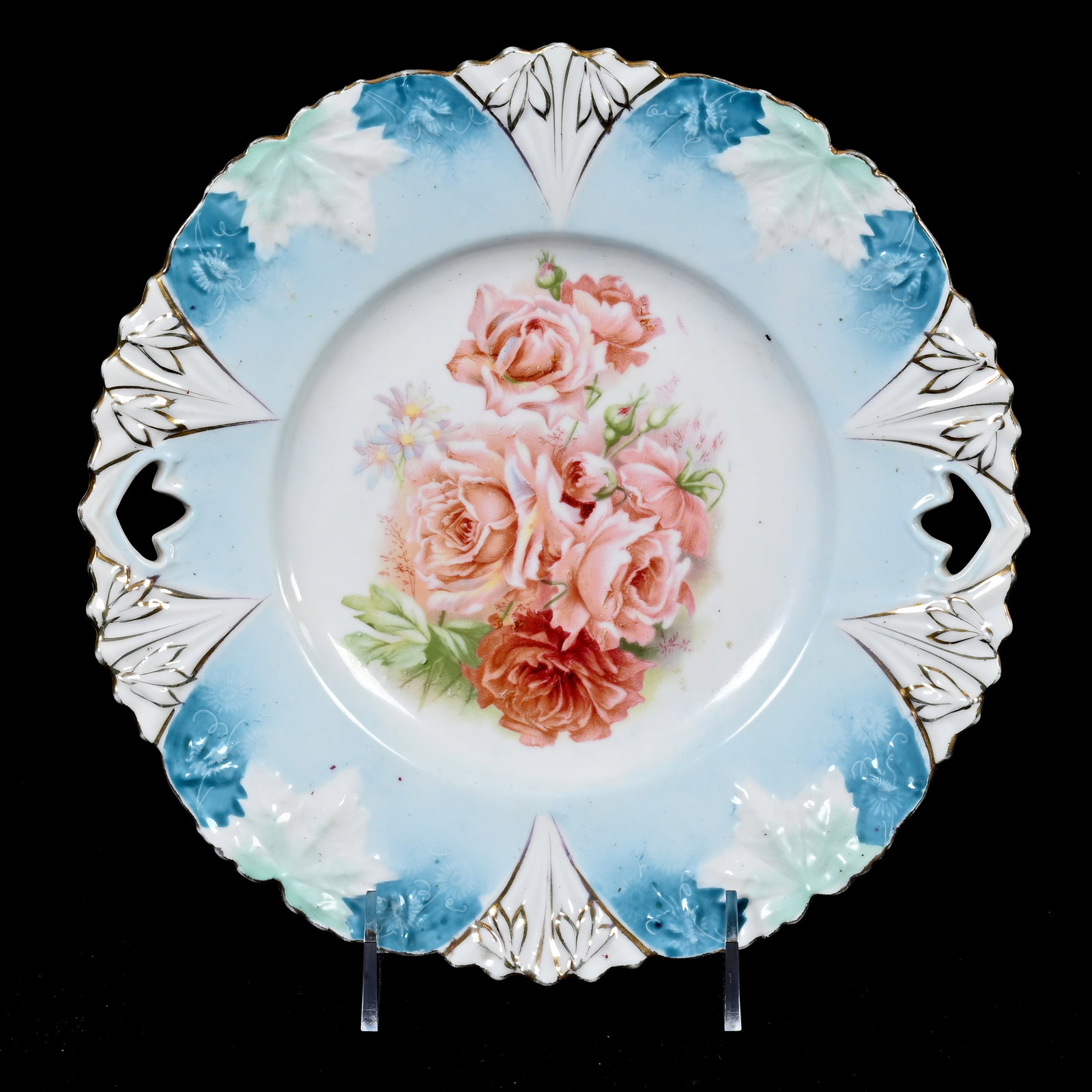 Cake Plate Marked Wheelock Prussia: Cake Plate Marked Wheelock Prussia, 9.5", Blue And White Tones, Pink Rose Decor, Lee & Carol Marple Collection.