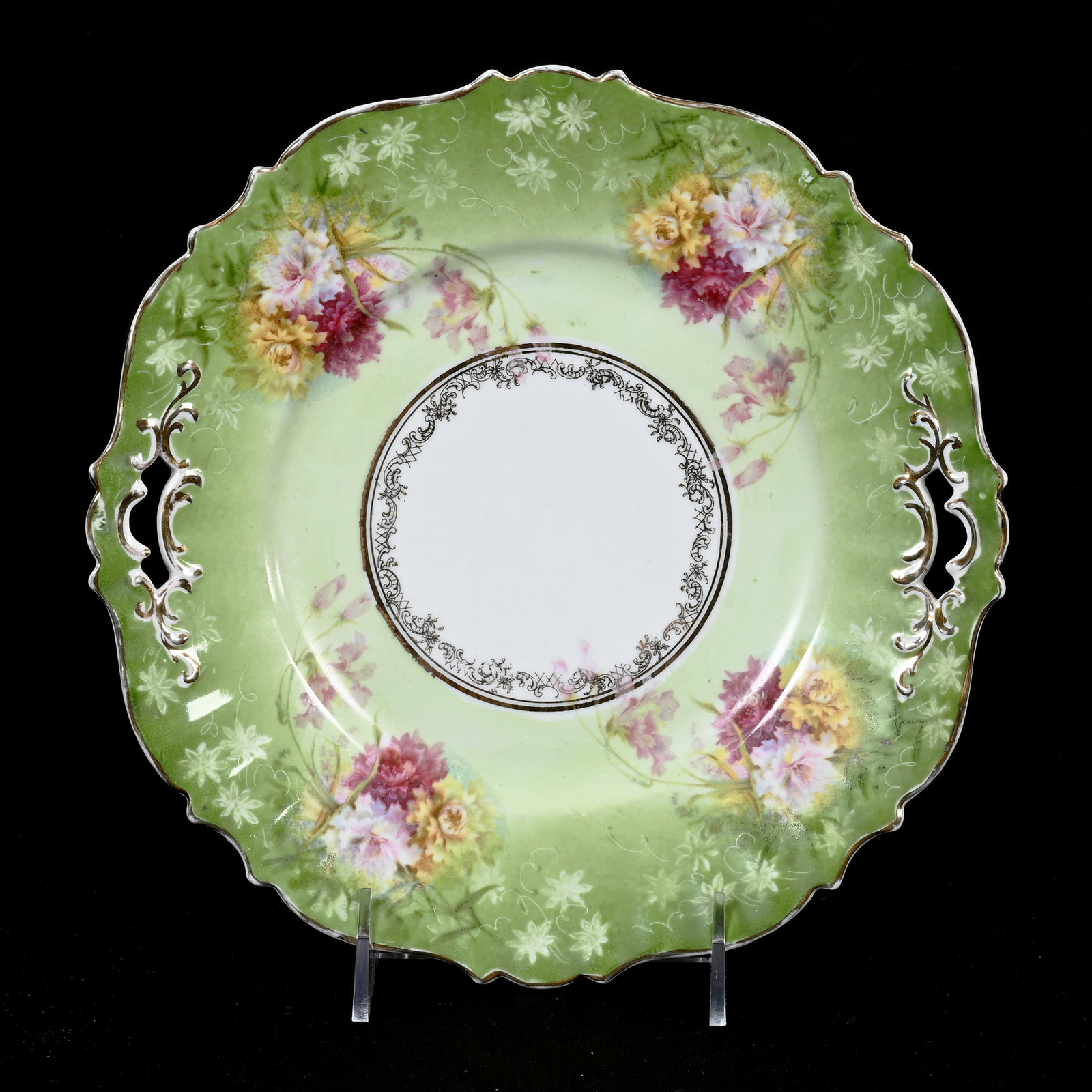 Cake Plate, Unmarked R.S. Prussia: Cake Plate, Unmarked R.S. Prussia, 9.5", White Center, Green Border, Rose Decor, Lee & Carol Marple Collection.