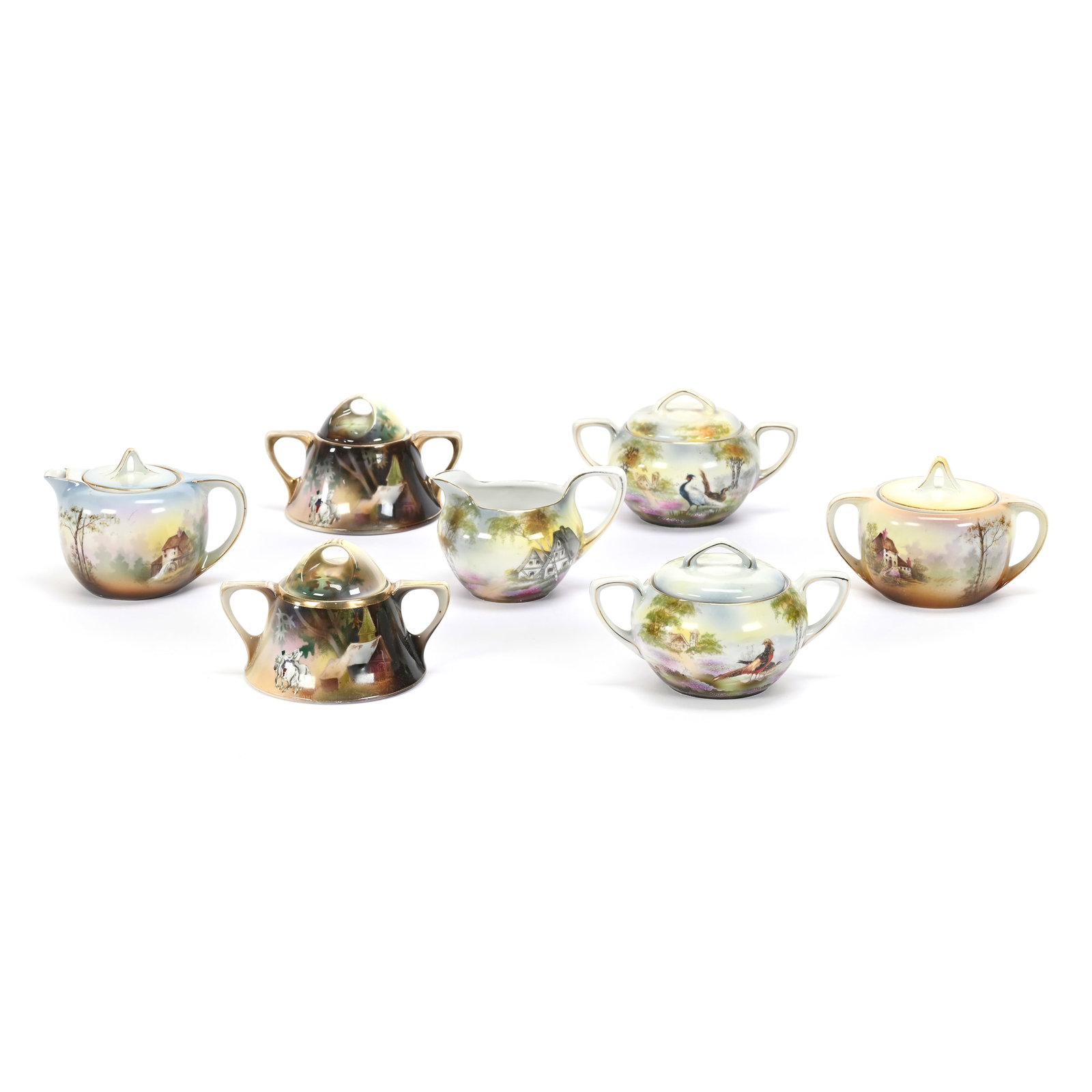 (7) Sugar Bowls, Syrups & Creamers, R.S. Germany: (7) Sugar Bowls, Syrups & Creamers, R.S. Germany, Stylized Scenes, See Photos For Details, Lee & Carol Marple Collection.