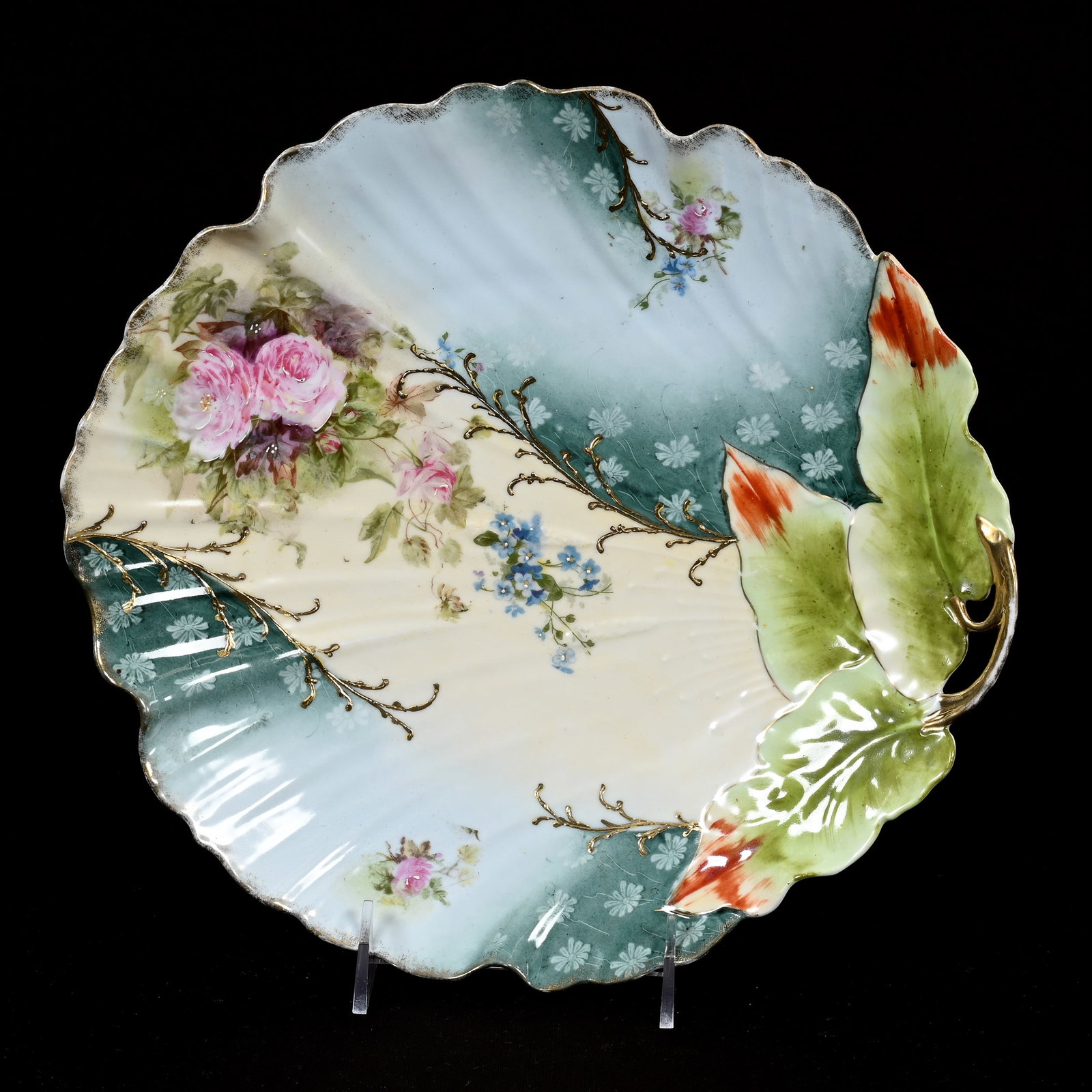 Plate, Unmarked R.S. Prussia: Plate, Unmarked R.S. Prussia, 11.5", Leaf Mold, Green, Blue And Cream Tones, Floral Decor, Gold Trim Highlights, Lee & Carol Marple Collection.