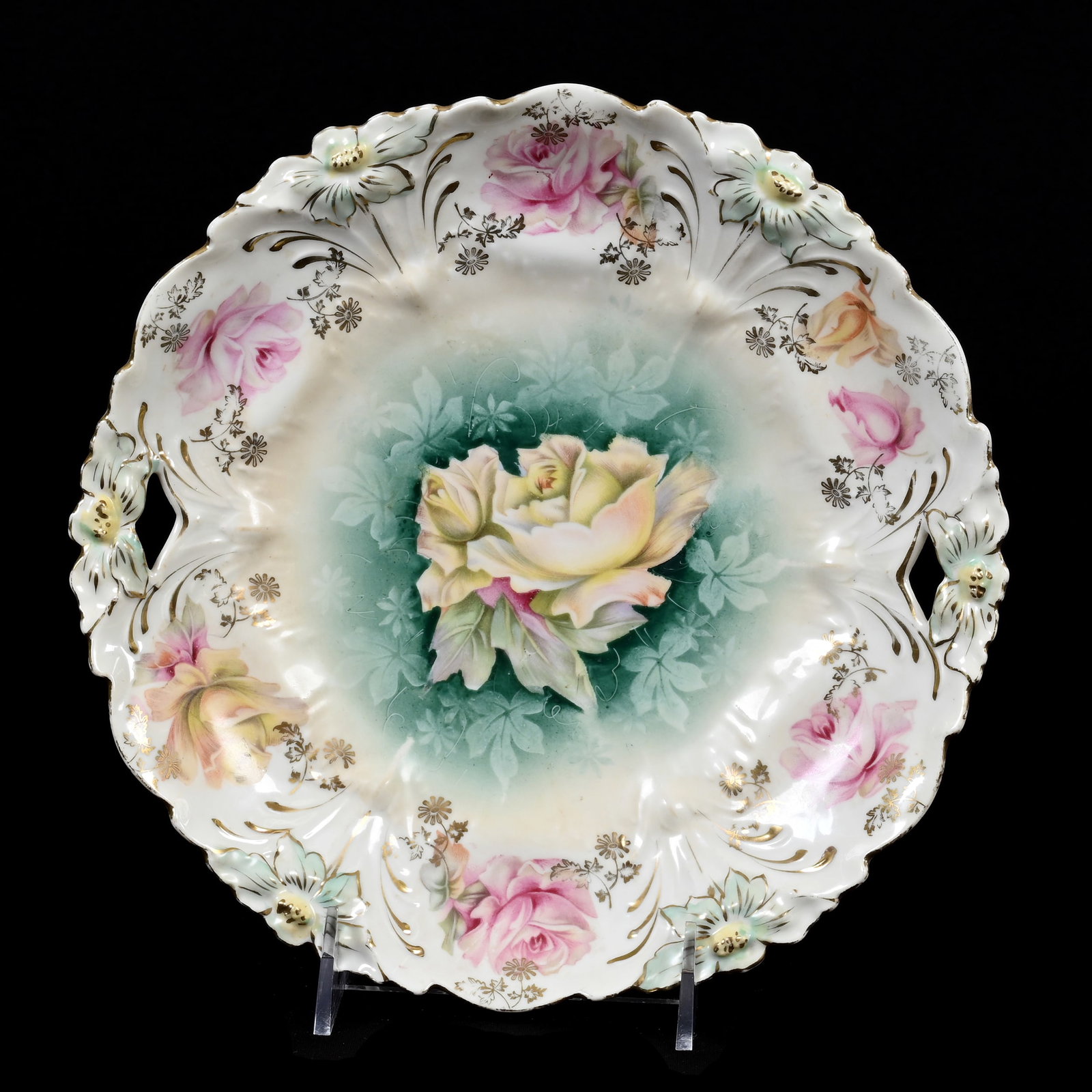Cake Plate, Unmarked R.S. Prussia: Cake Plate, Unmarked R.S. Prussia, 9.5", Green, Cream And White Tones, Pink And Yellow Rose Decor, Lee & Carol Marple Collection.