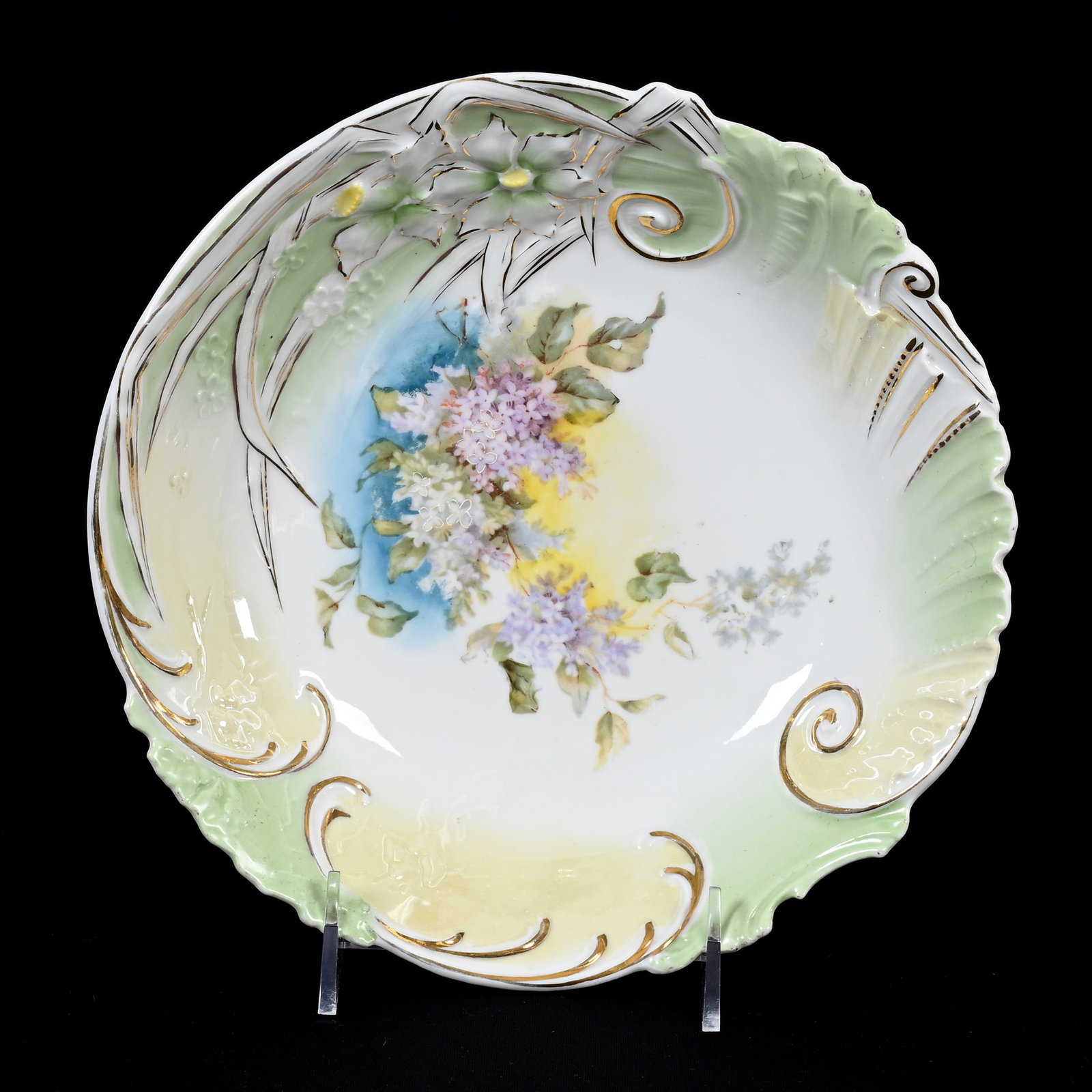 Bowl, Unmarked R.S. Prussia: Bowl, Unmarked R.S. Prussia, 9", White, Blue, Green And Yellow Tones, Floral Decor, Gold Stencil Highlights, Lee & Carol Marple Collection.