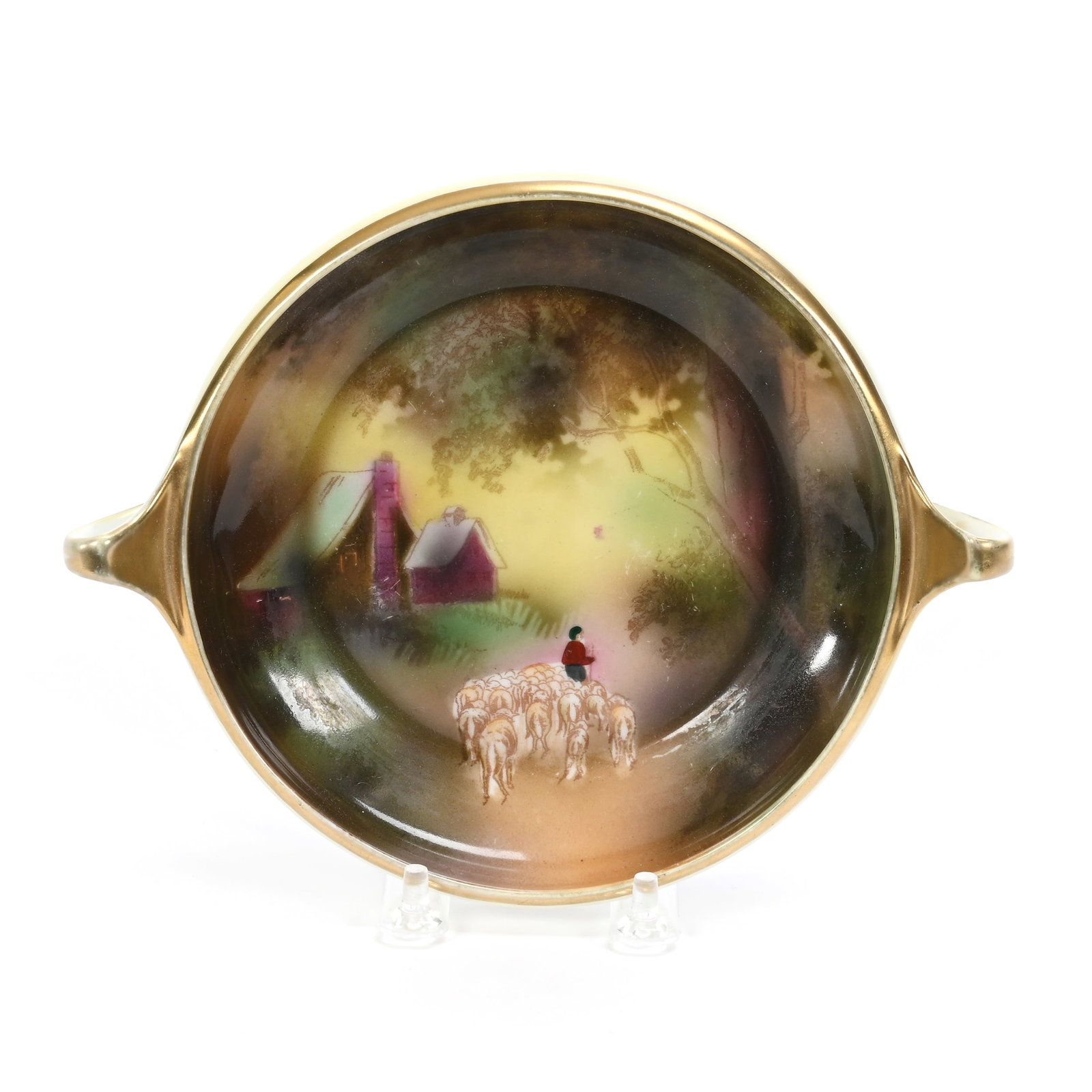Bowl, Two Handles, Marked R.S. Germany: Bowl, Two Handles, Marked R.S. Germany, 1.75" x 8" x 6.5", Stylized Sheepherder Scenic Decor, Lee & Carol Marple Collection.