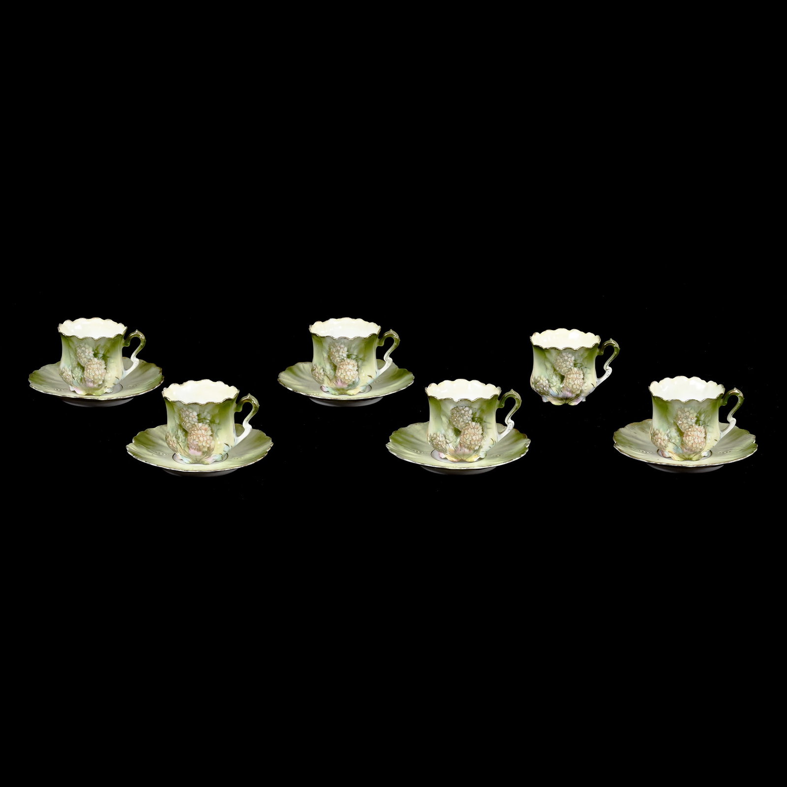 (5) Cups And Saucers, Unmarked R.S. Prussia: (5) Cups And Saucers, Unmarked R.S. Prussia, 2.25" x 4.25", Green Tones, Snowball Floral Decor, Selling With One Extra Cup, Lee & Carol Marple Collection.