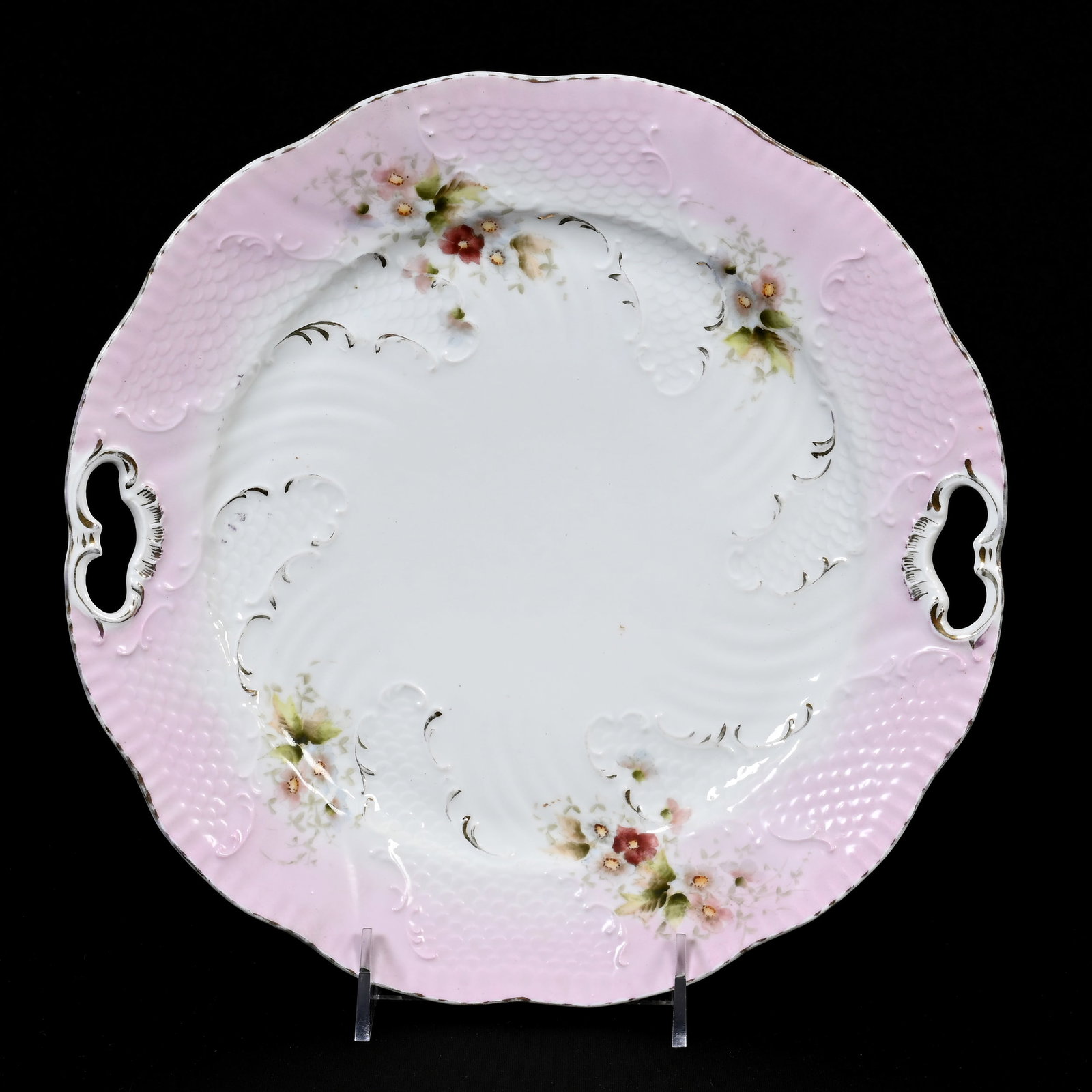 Cake Plate, Early Unmarked R.S. Prussia: Cake Plate, Early Unmarked R.S. Prussia, 11", Pink And White, Floral Decor, Lee & Carol Marple Collection.