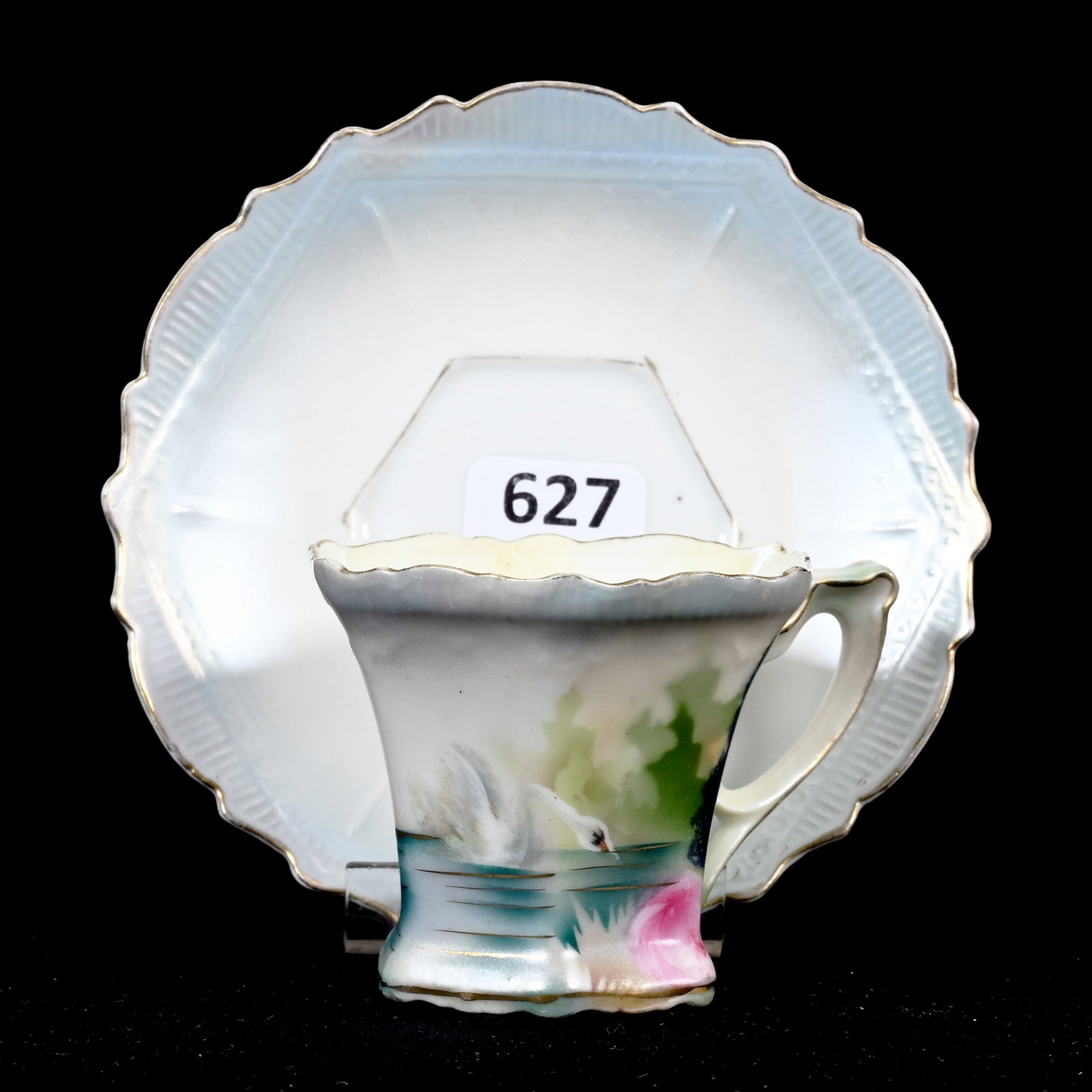 Demitasse Cup/Saucer Marked R.S. Prussia: Demitasse Cup/Saucer Marked R.S. Prussia, 2.25" x 4.25", Swan And Evergreen Decor, Satin Finish, Six-Sided, Lee & Carol Marple Collection.