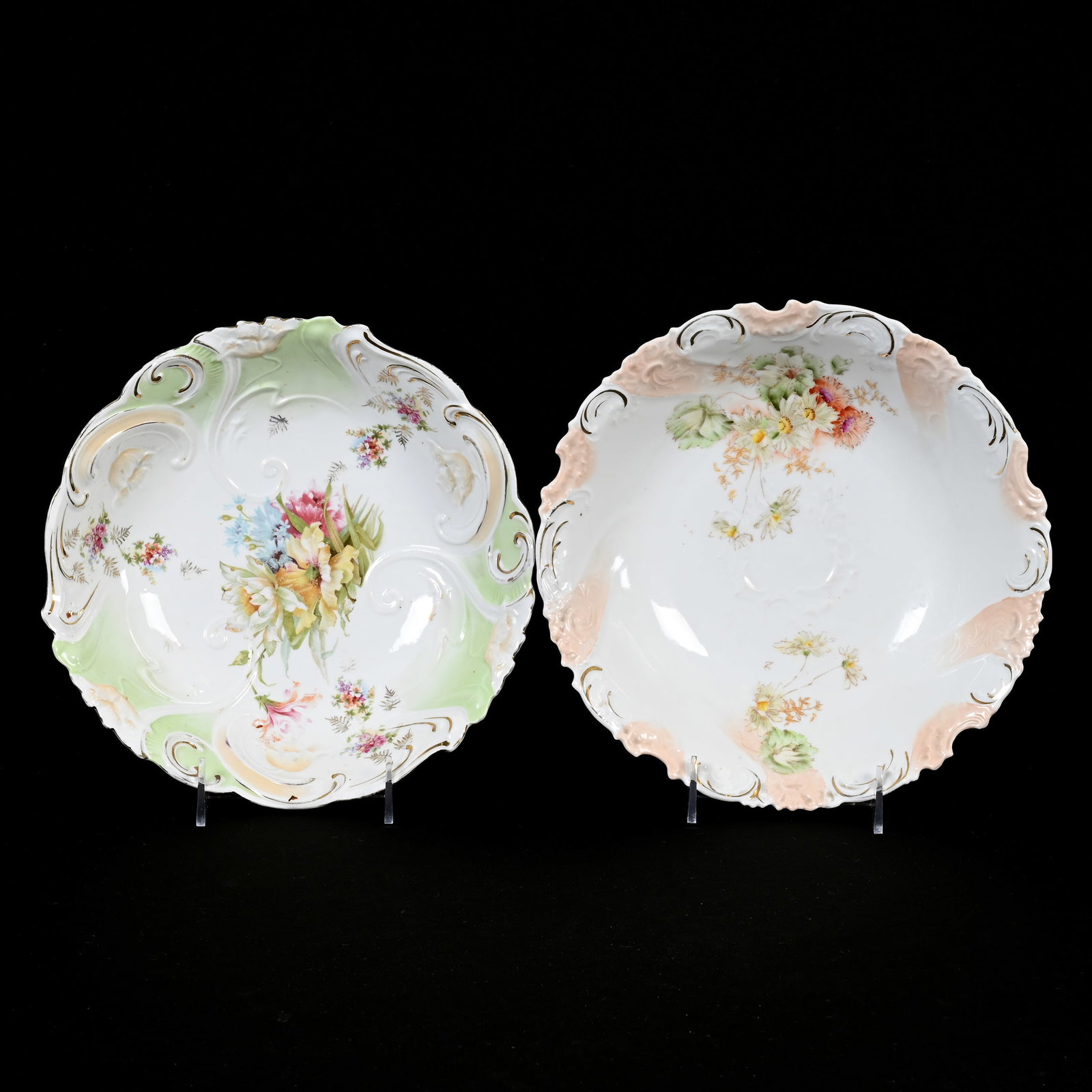 (2) Bowls, Unmarked R.S. Prussia: (2) Bowls, Unmarked R.S. Prussia, 10" approximately, (1) Green, Peach And White Tones, Wild Floral Decor, (1) White And Peach Tones, Floral Decor, Lee & Carol Marple Collection.