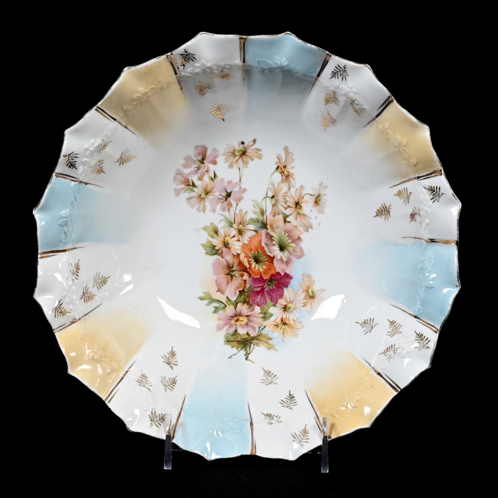 Bowl, Unmarked R.S. Prussia: Bowl, Unmarked R.S. Prussia, 10.25", Cream, Blue And White Tones, Floral Decor, Gold Stencil Highlights, Rim Chip, Lee & Carol Marple Collection.