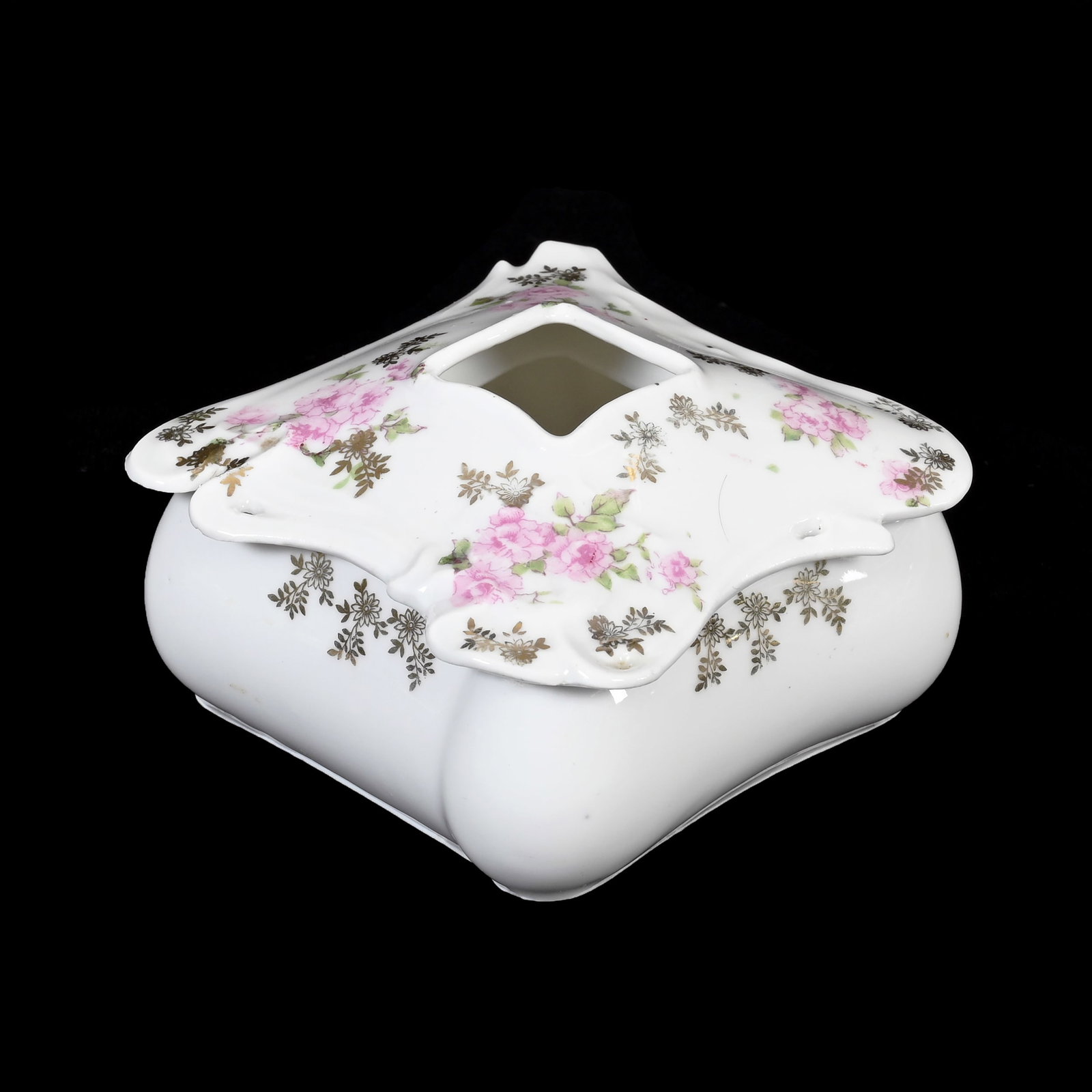 Hair Receiver, Unmarked R.S. Prussia: Hair Receiver, Unmarked R.S. Prussia, 2.25" x 3.5" square, Raised "RS" On Base, White Luster With Pink Floral Decor, Gold Stencil Highlights, Lee & Carol Marple Collection.