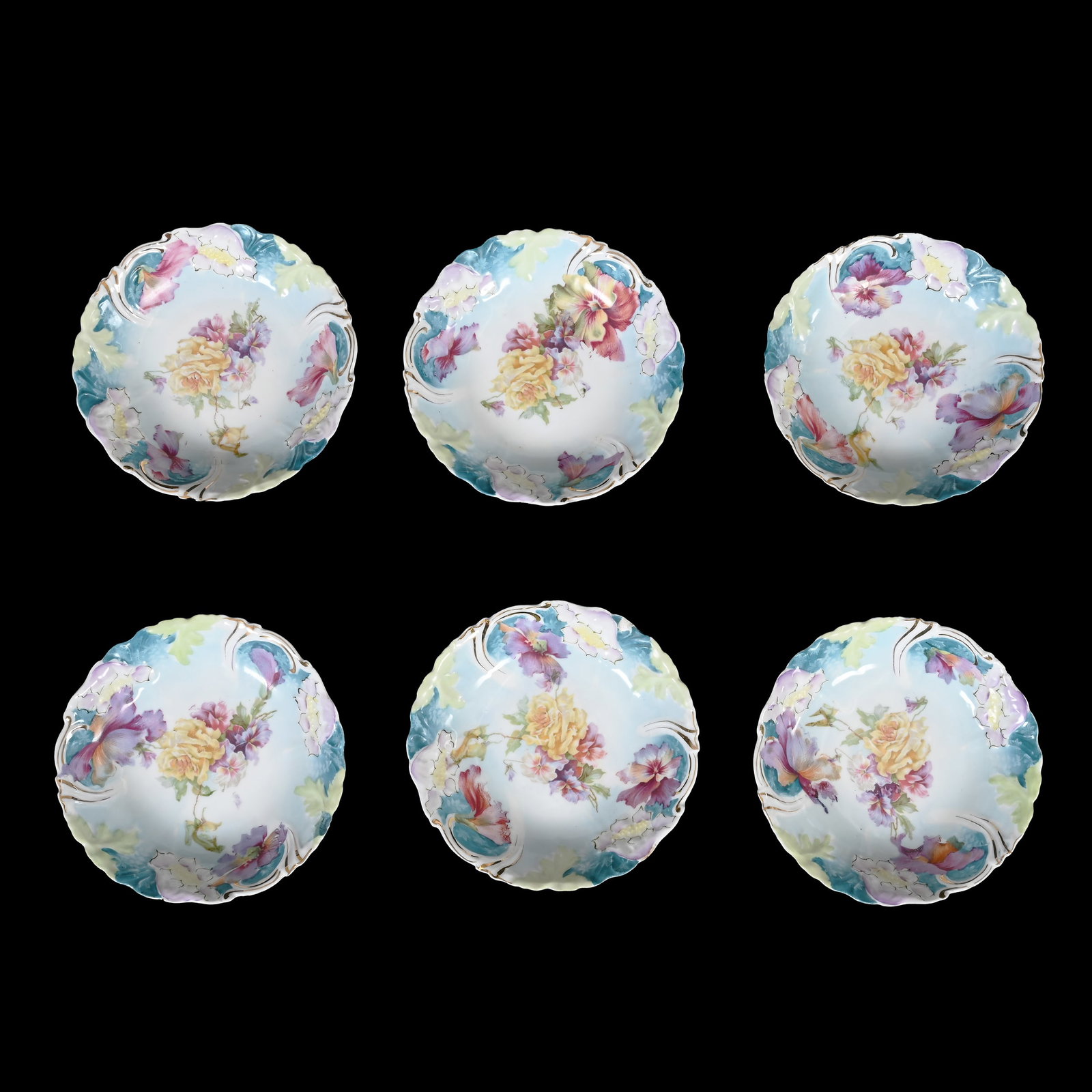 (6) Berry Dishes Marked Saxe Altenburg: (6) Berry Dishes Marked Saxe Altenburg, 5.5", Poppy Variation Mold, Blue Tones With Floral Decor, Matched Set, Three Bowls With Rim Chips, Lee & Carol Marple Collection.