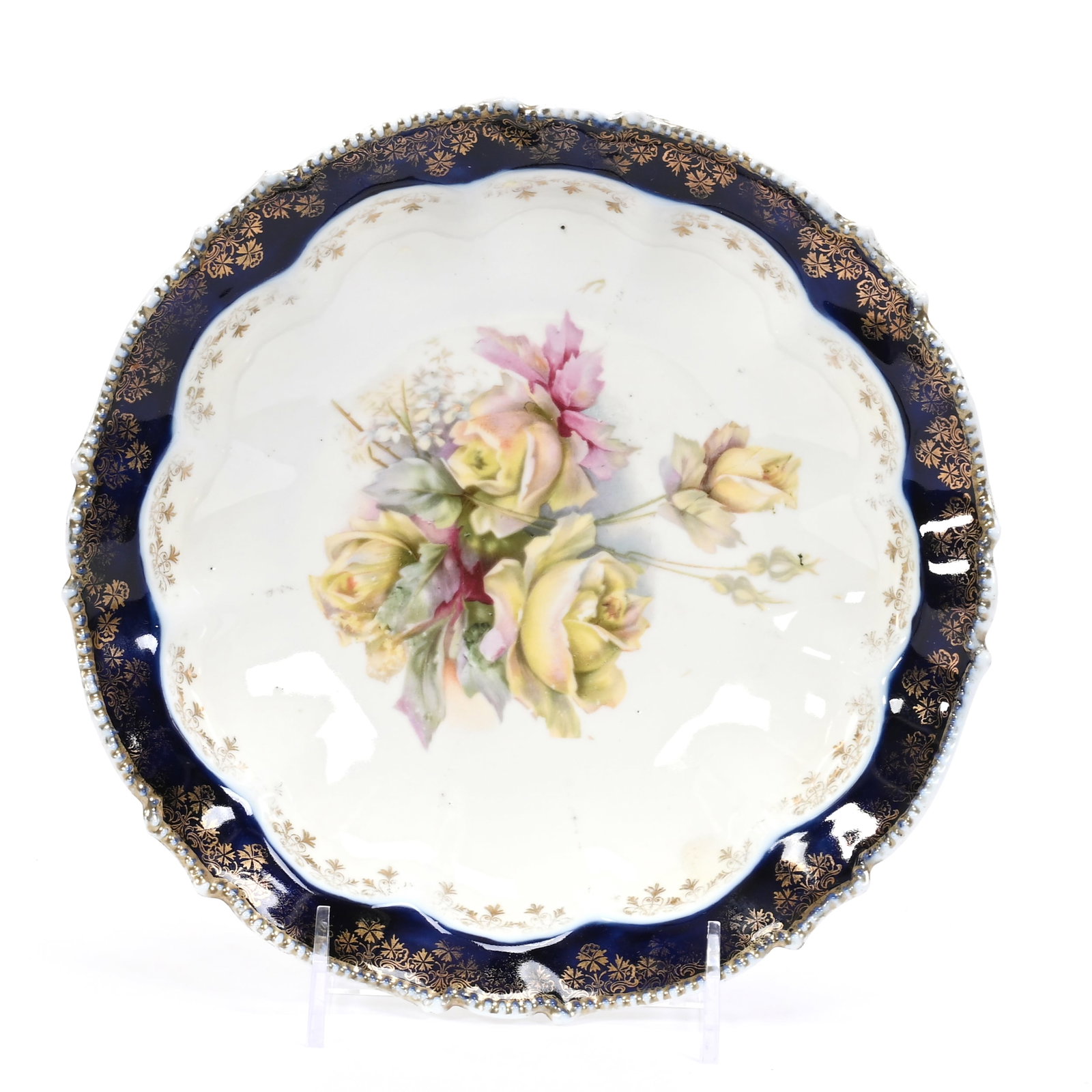 Bowl Marked Royal Vienna: Bowl Marked Royal Vienna, 9", Prussia Mold #343, White With Cobalt Blue Border, Yellow Rose Decor, Some Gold Stencil Wear, Lee & Carol Marple Collection.