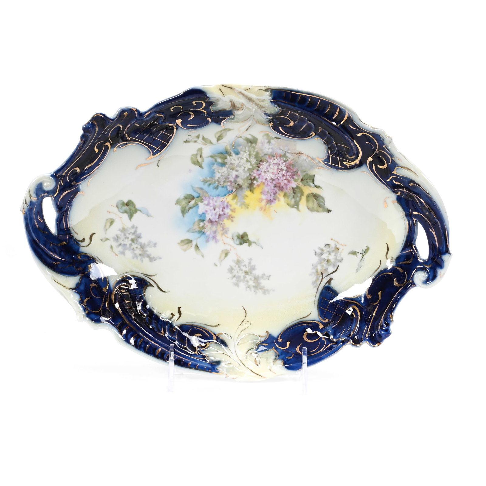 Bread Bowl, Unmarked R.S. Prussia: Bread Bowl, Unmarked R.S. Prussia, 12" x 8.25", Yellow And White Luster, Cobalt Blue Border, Floral Decor, Lee & Carol Marple Collection.