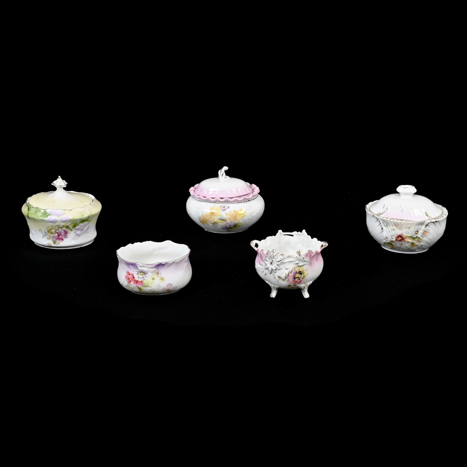 (5) Sugar Bowls, Unmarked R.S. Prussia: (5) Sugar Bowls, Unmarked R.S. Prussia, Floral Molds, Various Shapes, Colors And Patterns, See Photos For Details, Lee & Carol Marple Collection.
