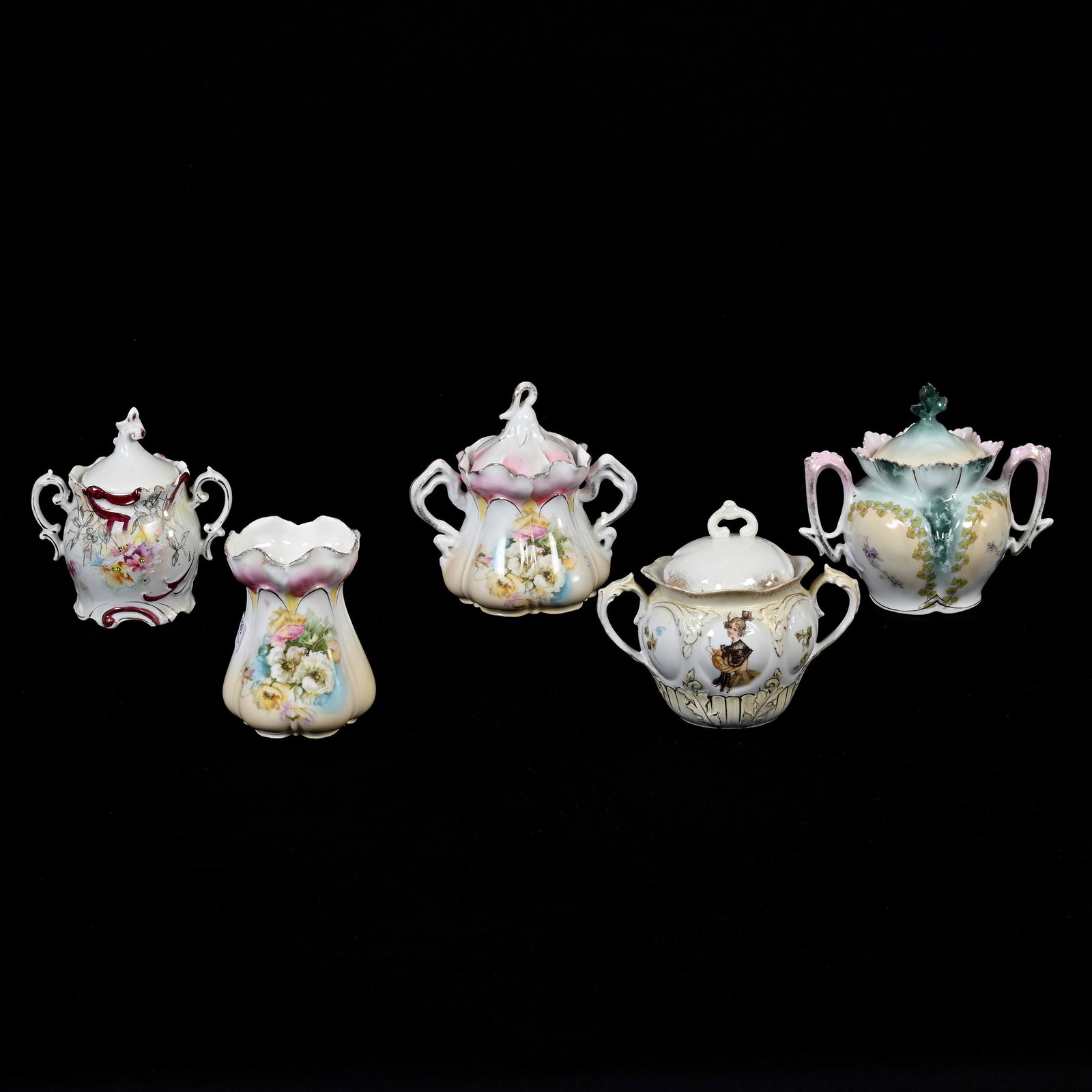 (4) Sugars, (1) Spooner, Unmarked R.S. Prussia: (4) Sugars, (1) Spooner, Unmarked R.S. Prussia, Various Molds, Patterns, Colors, See Photos For Details, Serious Rim Chip On Spooner, See Photos For Details, Lee & Carol Marple Collection.