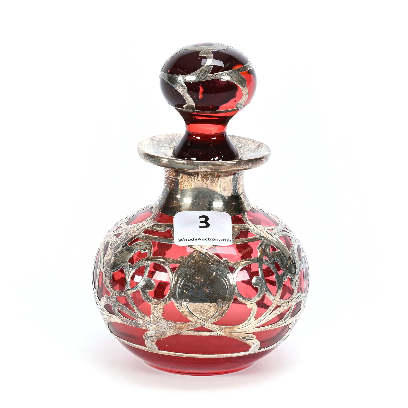 Cologne, Cranberry Art Glass, Sterling Overlay: Cologne, Cranberry Art Glass, Sterling Overlay, 5" x 3.25", Matching Stopper, Polished Pontil Base, Oklahoma Private Collection.