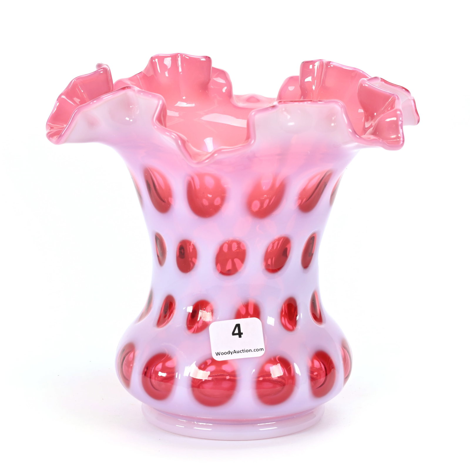 Vase, Fenton Cranberry Opalescent Coinspot: Vase, Fenton Cranberry Opalescent Coinspot, 6" x 6.5", Ruffled Rim, Oklahoma Private Collection.