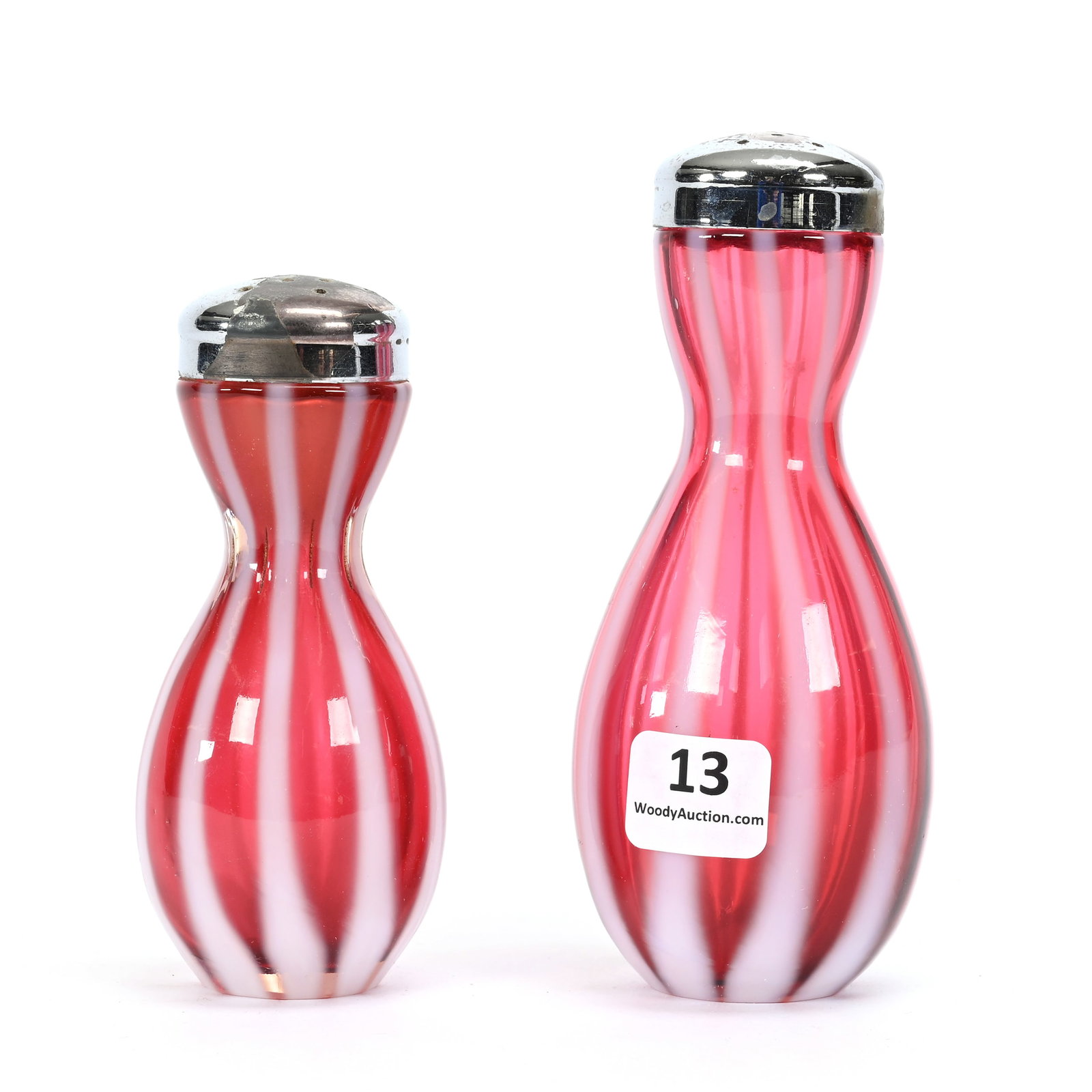 Salt & Pepper, Fenton Cranberry Opalescent Stripe: Salt & Pepper, Fenton Cranberry Opalescent Stripe, (1) 5" Saltshaker, (1) 4.25" Pepper Shaker, Oklahoma Private Collection.
