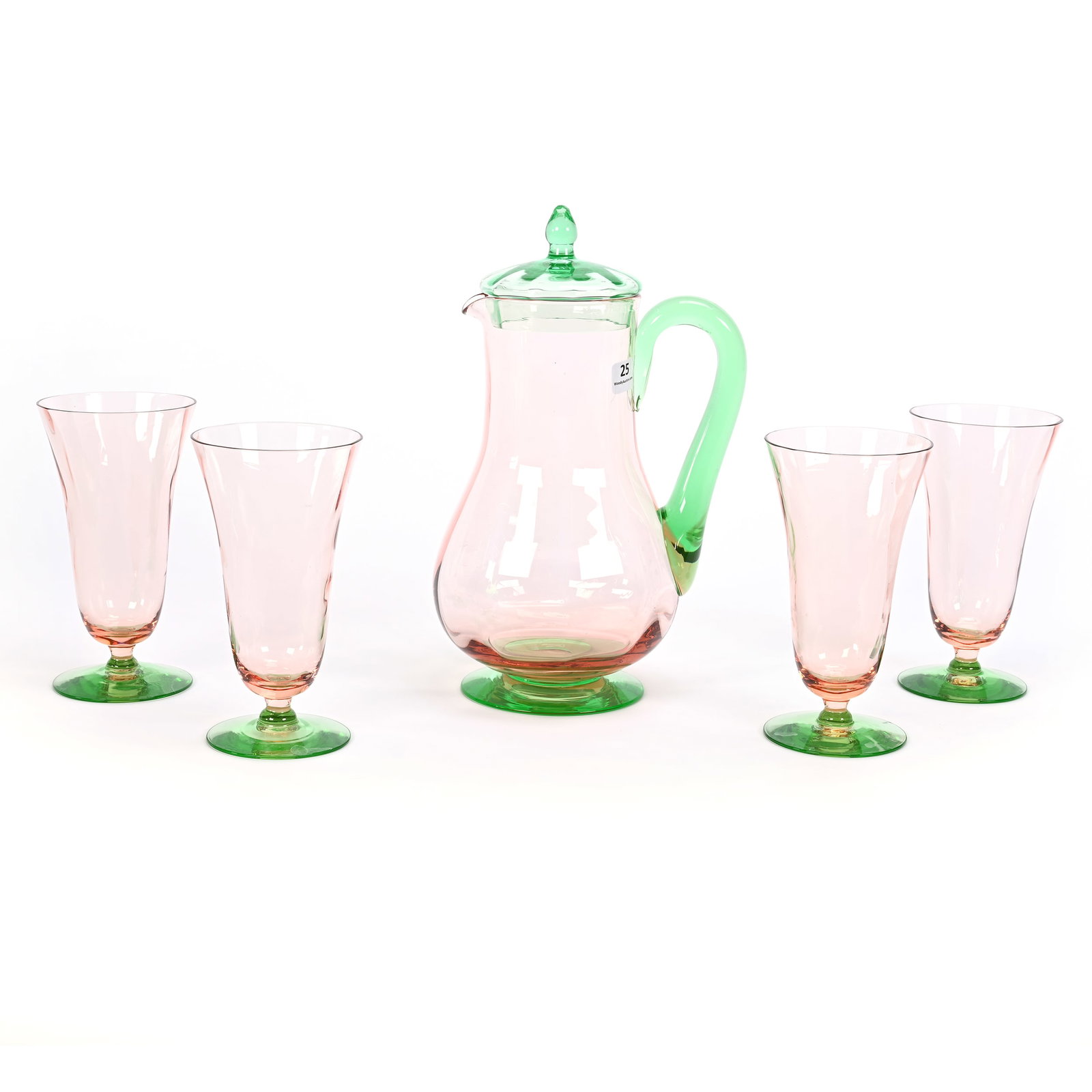 Pitcher Set, Tiffin Rose & Reflex Green Art Glass: Pitcher Set, Tiffin Rose & Reflex Green Art Glass, (1) 11"x 6.5" Pitcher With Lid, (4) Matching 6.5" Footed Glasses, The Green Is Highly Reactive Under Black Light, Oklahoma Private Collection.