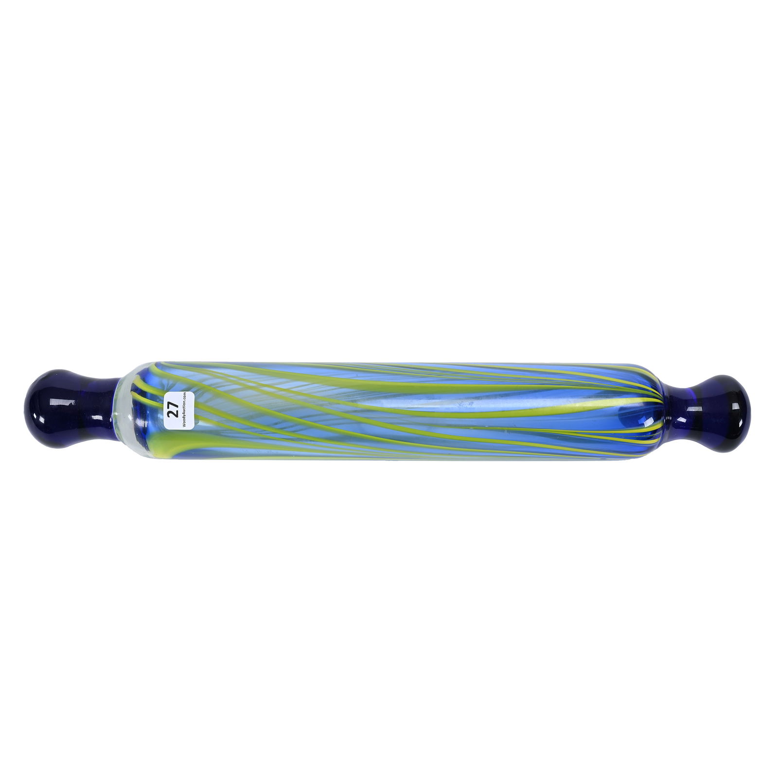 Rolling Pin, Modern Art Glass: Rolling Pin, Modern Art Glass, 17" x 2.5", Cobalt Blue And Yellow Stripe Design, Oklahoma Private Collection.