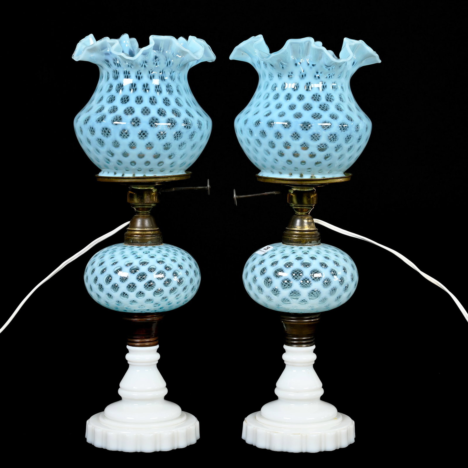 Pair Lamps, Fenton Blue Opalescent Optic Window (1 of 3)