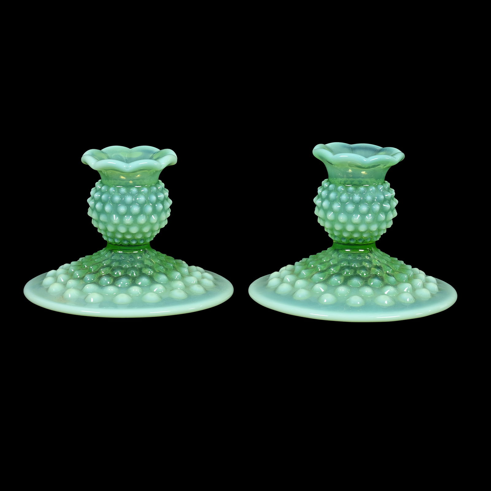 Pair Candlesticks, Fenton Green Opalescent Hobnail (1 of 4)