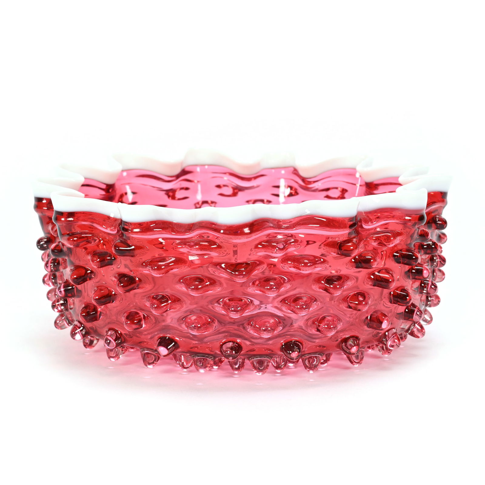 Bowl, Fenton Cranberry Hobnail, Snowflake Rim (1 of 3)
