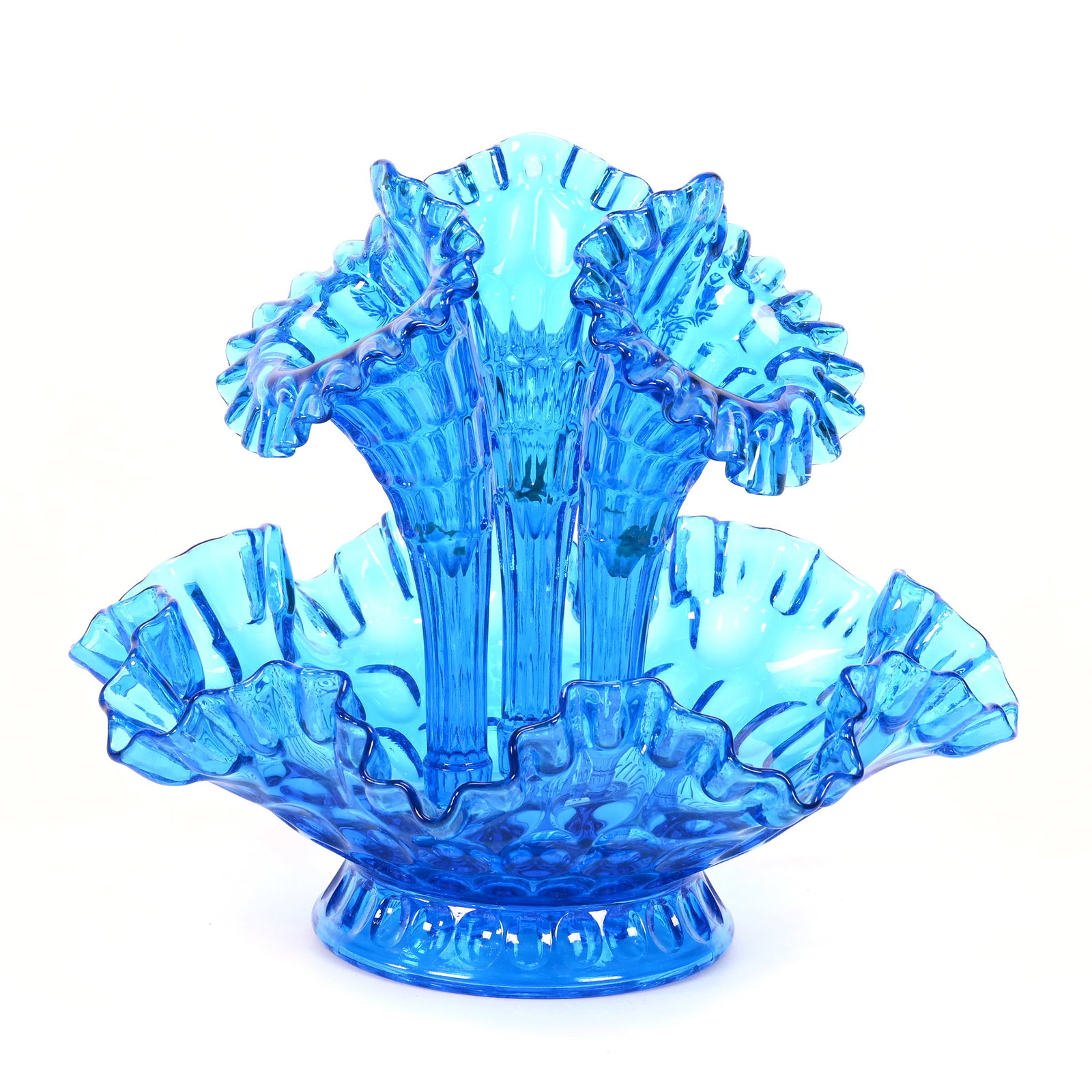 Epergne, Fenton Three Lily Colonial Blue: Epergne, Fenton Three Lily Colonial Blue, 8.5" x 10.25", Thumbprint Design, Oklahoma Private Collection.