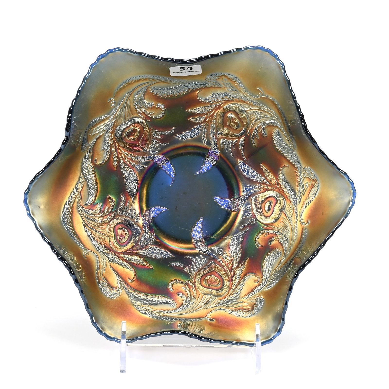 Bowl, Carnival Glass, Heart & Vine By Fenton: Bowl, Carnival Glass, Heart & Vine By Fenton, 9.25", Blue, Oklahoma Private Collection.