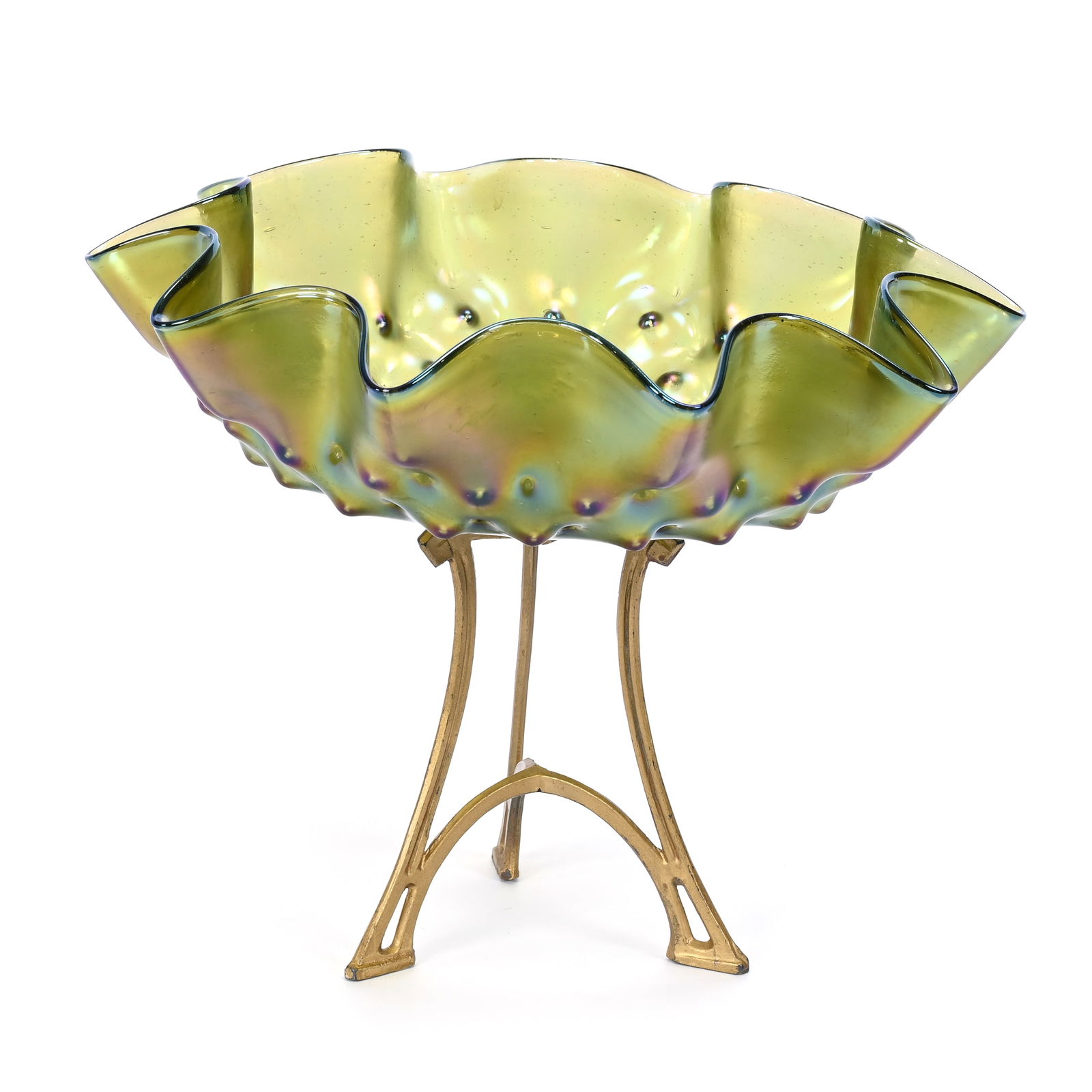 Compote, Green Iridescent Art Glass Bowl (1 of 3)