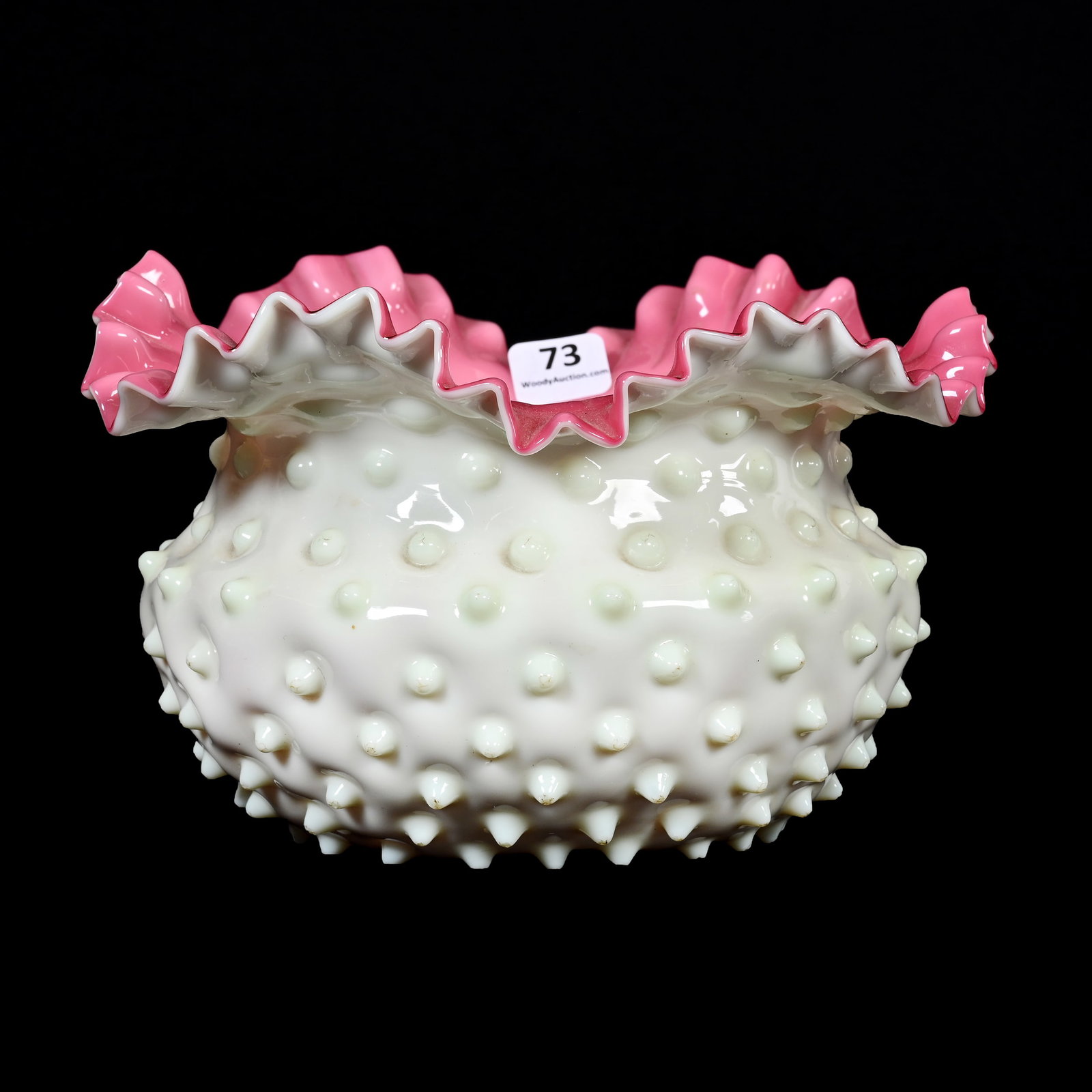 Bowl, Cased Art Glass: Bowl, Cased Art Glass, 4.75" x 8", White Exterior, Pink Interior, Hobnail, Style Of Glass Causes Points Of Hobnails To Be Thin And Many Are Rough Or Have Minor Loss, Oklahoma Private Collection.