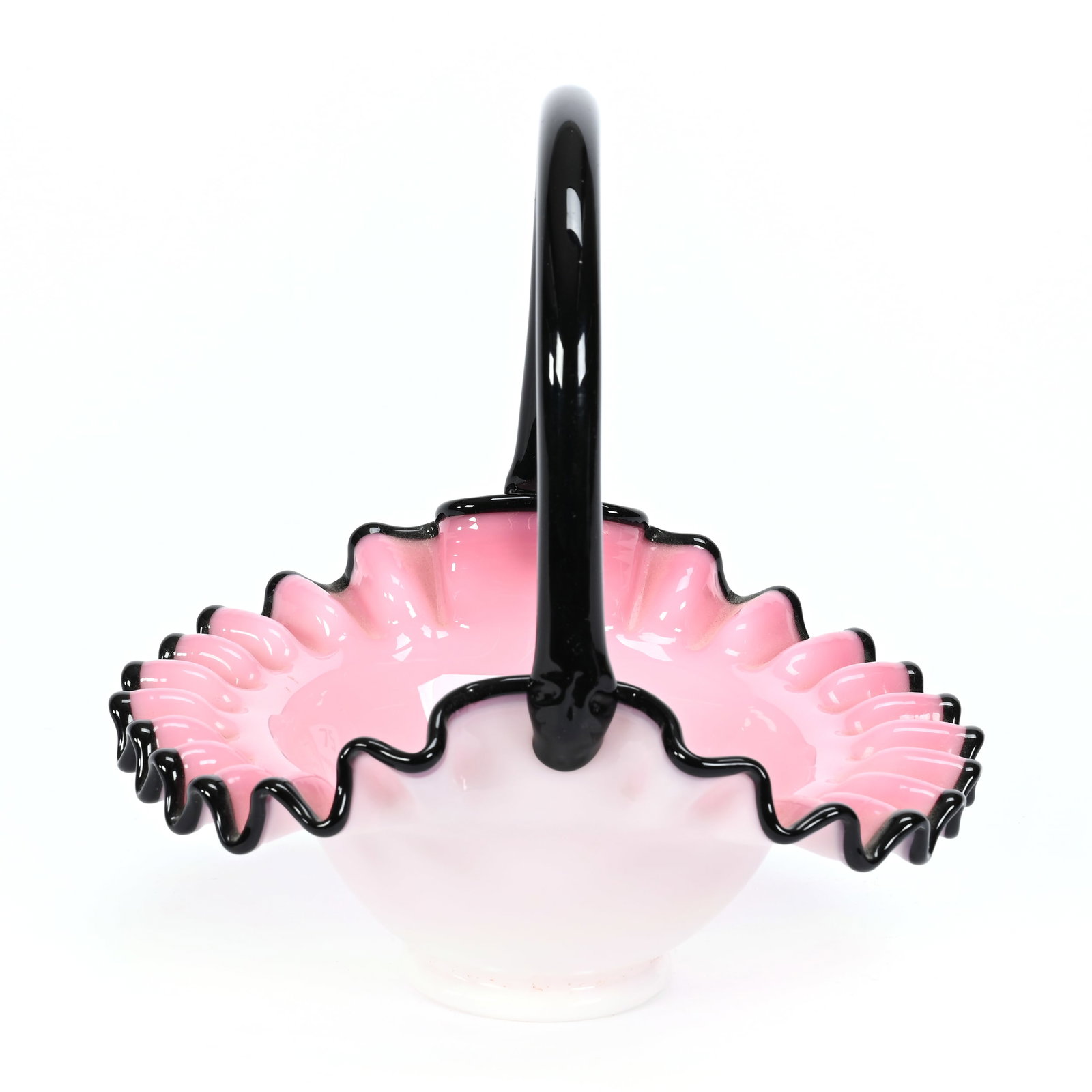 Basket, Unmarked Fenton Art Glass: Basket, Unmarked Fenton Art Glass, 7.5" x 7" x 6", Rose Interior, White Exterior, Black Rose Crest With Black Rim And Handle, Oklahoma Private Collection.
