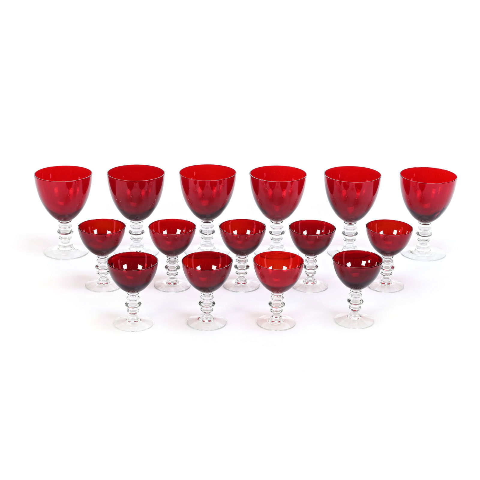 (15) Piece Set, Ruby Red By Duncan & Miller: (15) Piece Set, Ruby Red By Duncan & Miller, Set Includes (6) 5.5"x 3.75" Goblets, (9) 4"x 3" Wine Stems, Ruby Red Bowl, Clear Stem And Foot, Oklahoma Private Collection.