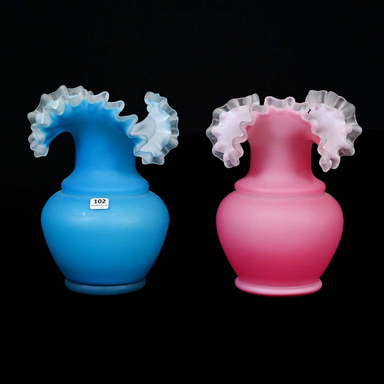 (2) Vases, Satin With Frosted Applied Ruffled Rim: (2) Vases, Satin With Frosted Applied Ruffled Rim, 10" x 7.75" Approximately, (1) Blue, (1) Pink, Attributed To Fenton, Oklahoma Private Collection.