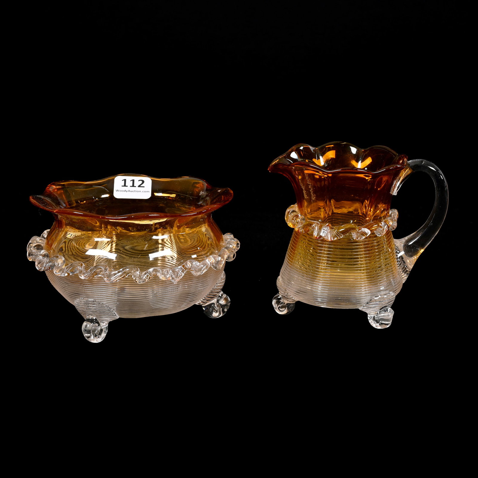 Creamer & Sugar, Apricot To Clear Art Glass: Creamer & Sugar, Apricot To Clear Art Glass, 3.75" x 4.5", In The Style Of Stevens And Williams, Threaded Overlay, Clear Applied Rigoree, Oklahoma Private Collection.