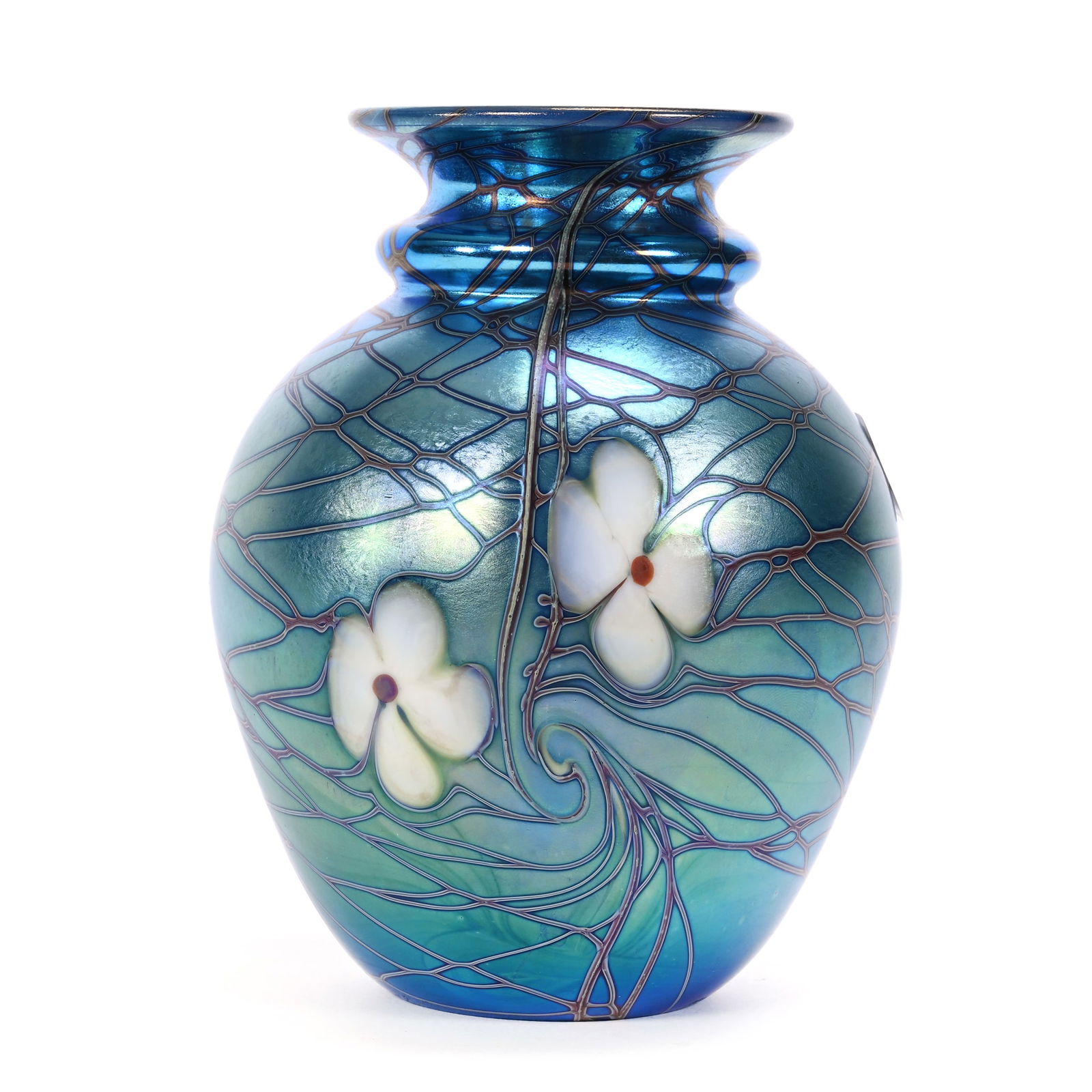 Vase Signed Orient & Flume Contemporary Art Glass: Vase Signed Orient & Flume Contemporary Art Glass, 5.5" x 4.5", Iridescent Blue With Floral Decor Titled "Forget-Me-Not And Vine", Dated 1976, Registration #S103, Original Certificate, Rodger Shinn Co