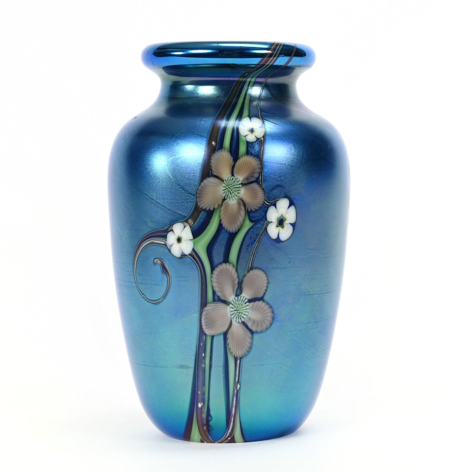 Vase Signed Orient & Flume Contemporary Art Glass: Vase Signed Orient & Flume Contemporary Art Glass, 5.25" x 3.5", Iridescent Blue With Silver And White Floral Decor, Cane On Side Marked "OF" And "84", Signed Orient And Flume On Base, Dated 1984, Als