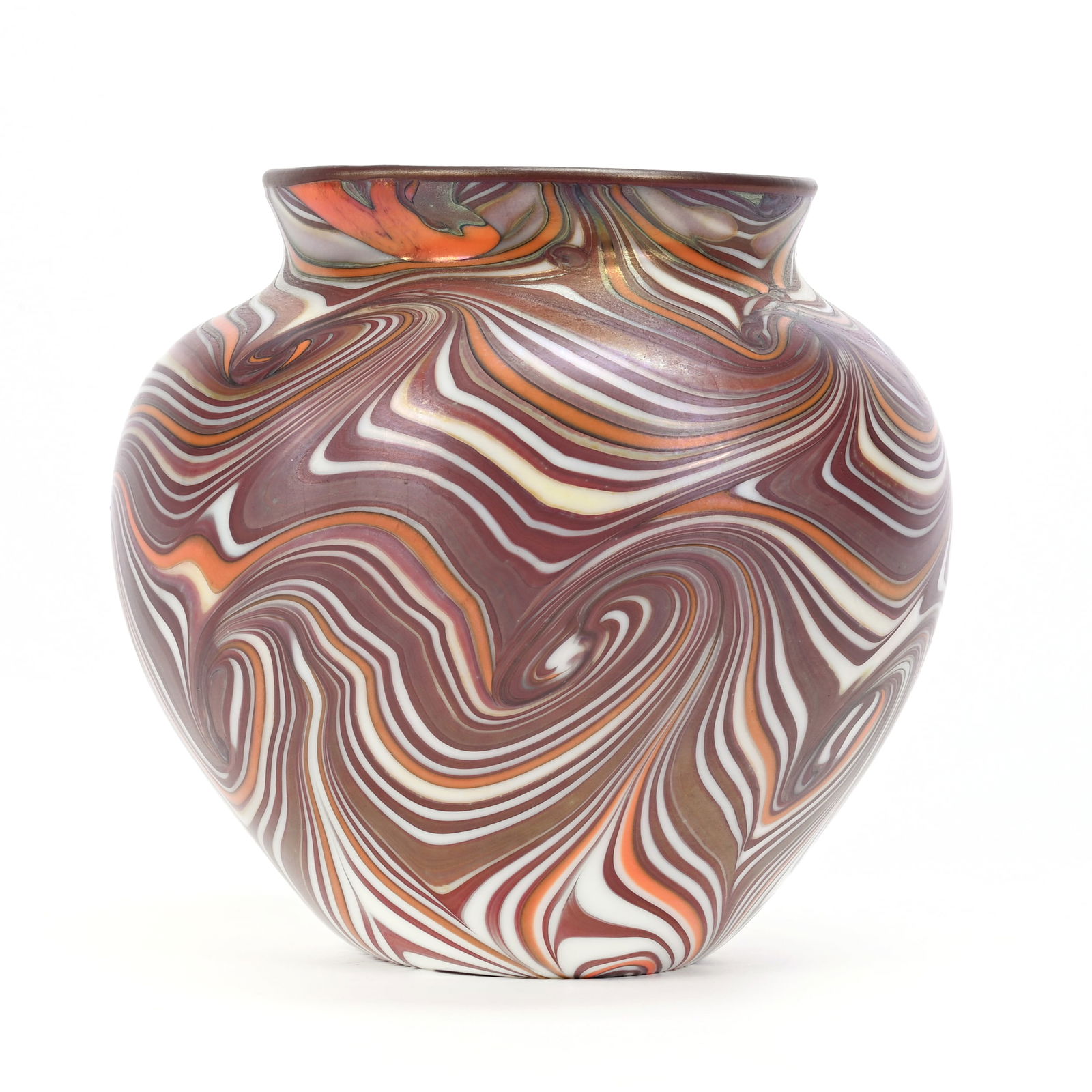 Vase Signed Orient & Flume Contemporary Art Glass: Vase Signed Orient & Flume Contemporary Art Glass, 5.75" x 6", White Ground With Amethyst And Orange Swirl Design, Dated 1973, #D20, Rodger Shinn Collection, Kansas. Selling Mr. Shinn's Entire Collect