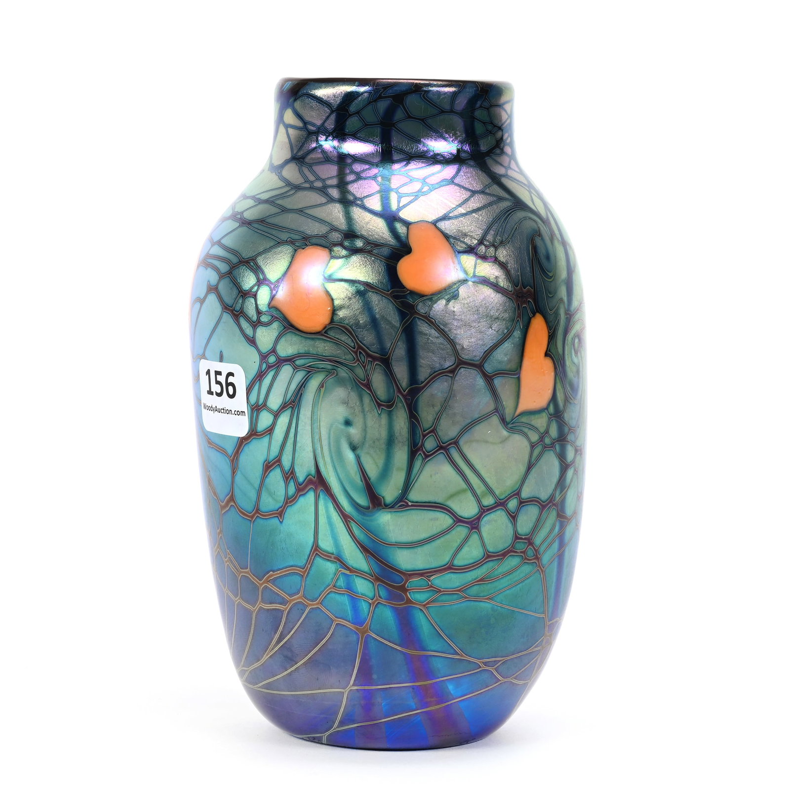Vase Signed Orient & Flume Contemporary Art Glass: Vase Signed Orient & Flume Contemporary Art Glass, 6.5" x 4", Iridescent Blue With Orange Heart And Silver Vine Decor, Dated 1976, #AT198, Rodger Shinn Collection, Kansas. Selling Mr. Shinn's Entire C