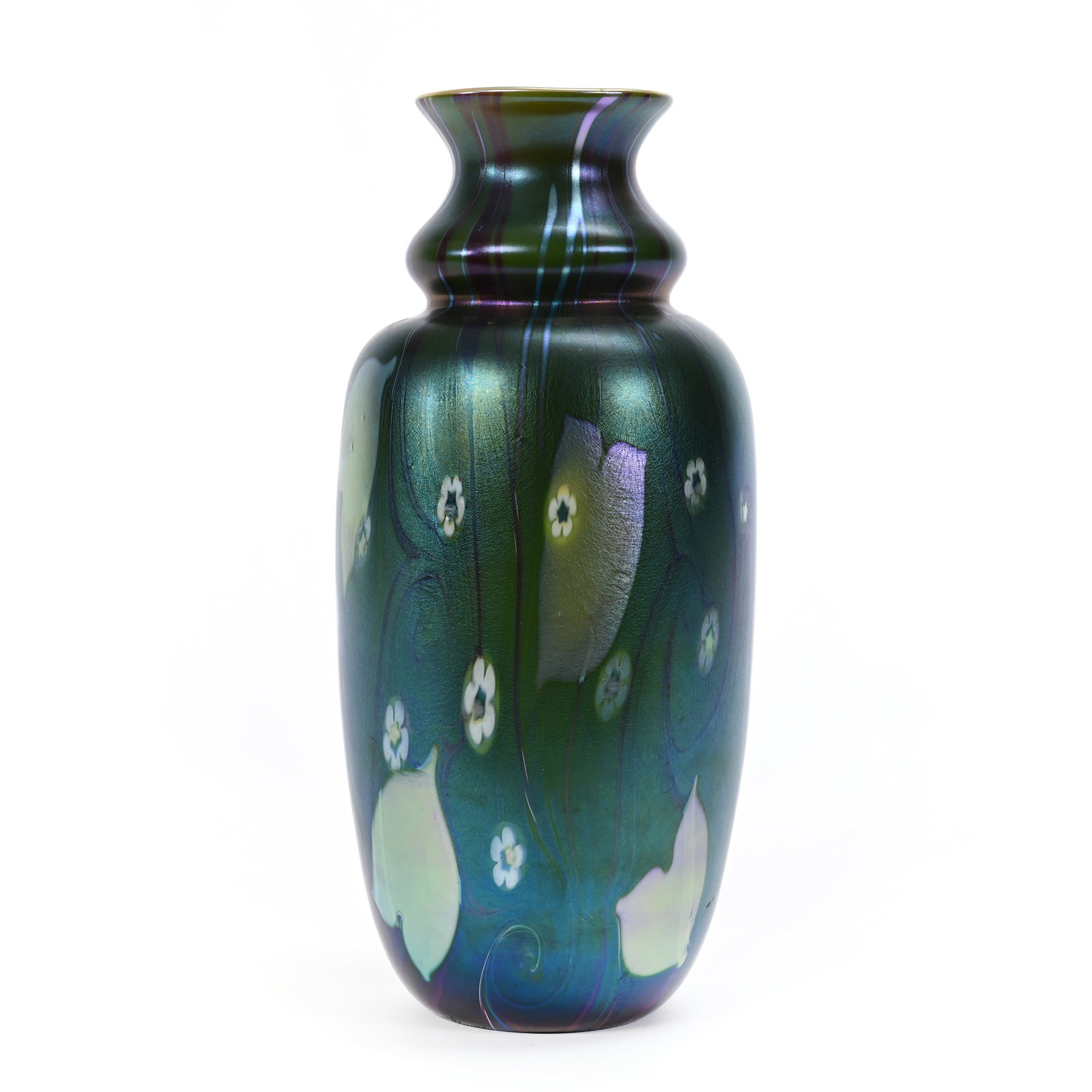 Vase Signed Orient & Flume Contemporary Art Glass: Vase Signed Orient & Flume Contemporary Art Glass, 9.25" x 4.5", Iridescent Peking Green, Millefiori Leaves And Vines, Dated 1979, #J141, Original Certificate, Rodger Shinn Collection, Kansas. Selling