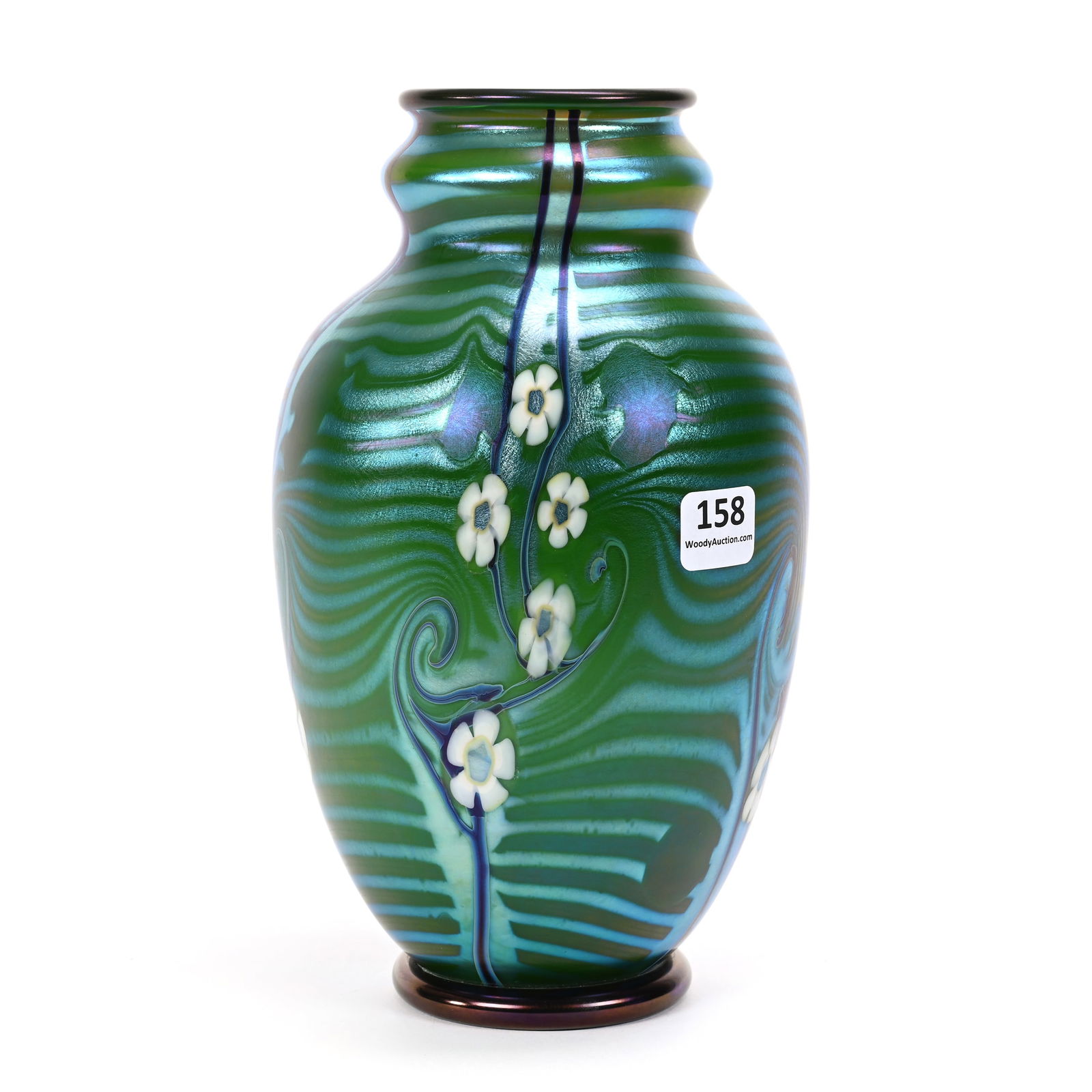 Vase Signed Orient & Flume Contemporary Art Glass: Vase Signed Orient & Flume Contemporary Art Glass, 8.5" x 5", Iridescent Green With White Floral, Blue Vine And Silver Swirl Highlights, Dated 1979, #JN22, Rodger Shinn Collection, Kansas. Selling Mr.