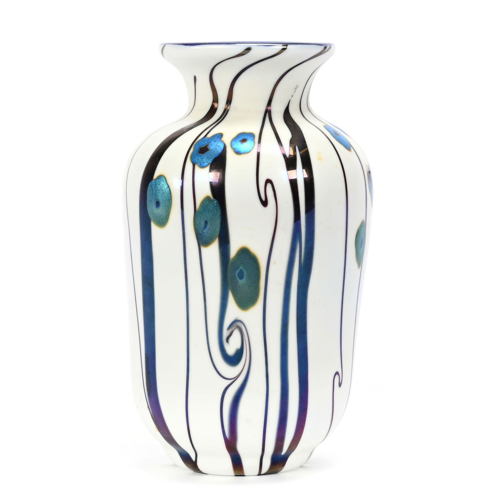 Vase Signed Orient & Flume Contemporary Art Glass: Vase Signed Orient & Flume Contemporary Art Glass, 6.25" x 3.75", White Ground With Blue Iridescent Floral And Freeform Stripe Design, Iridescent Blue Interior, Dated 1975, #G46, Rodger Shinn Collecti